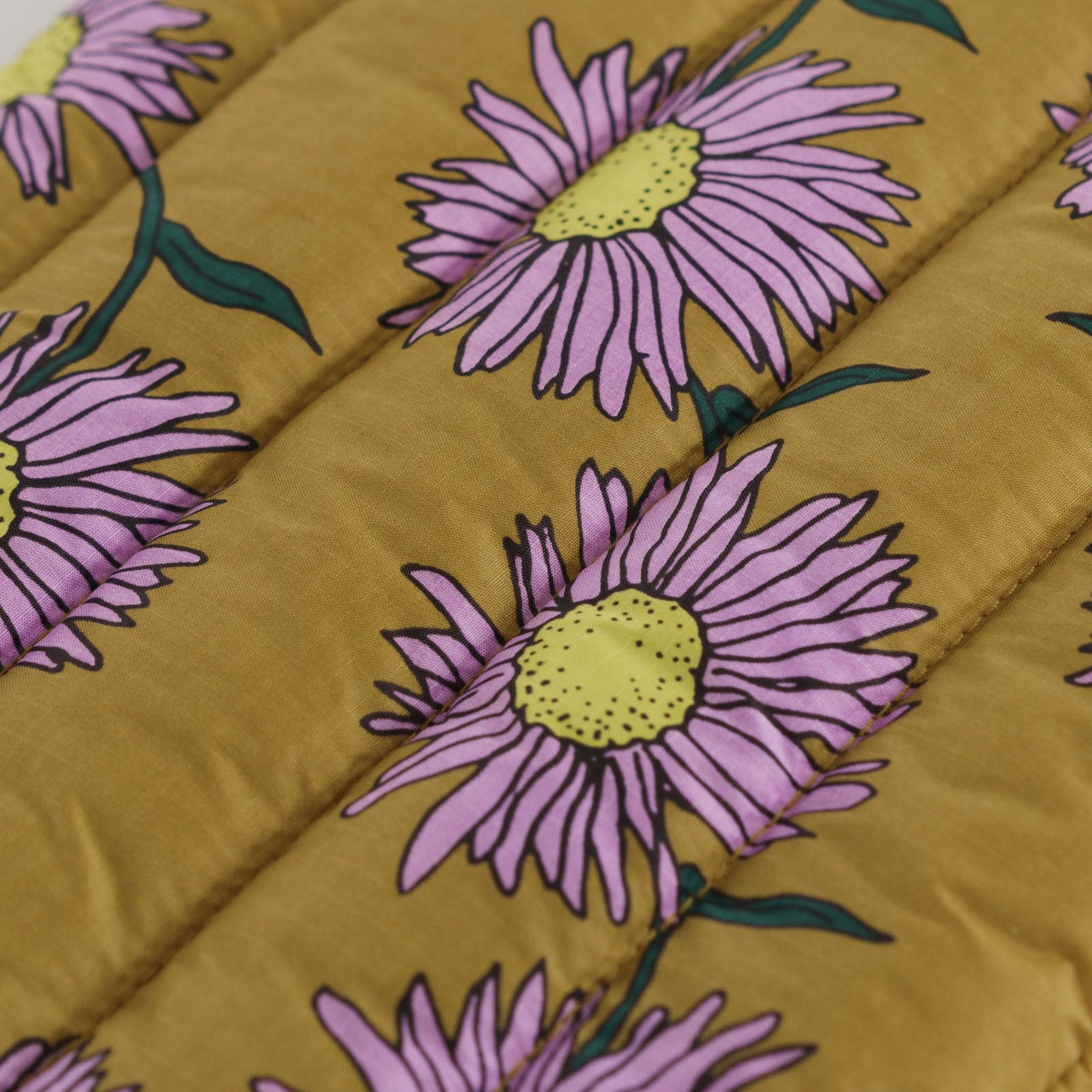 Floral patterned nylon laptop sleeve with pink flowers and green leaves on a mustard yellow background