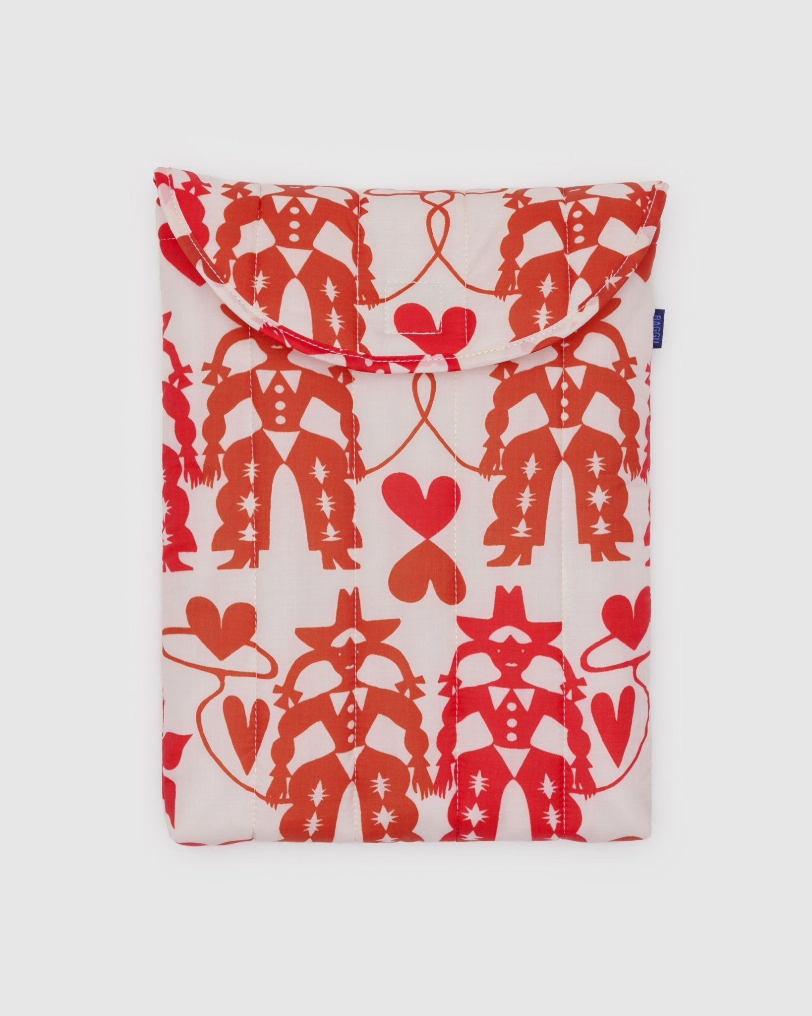 Red and white cowgirl patterned laptop pouch with top closed