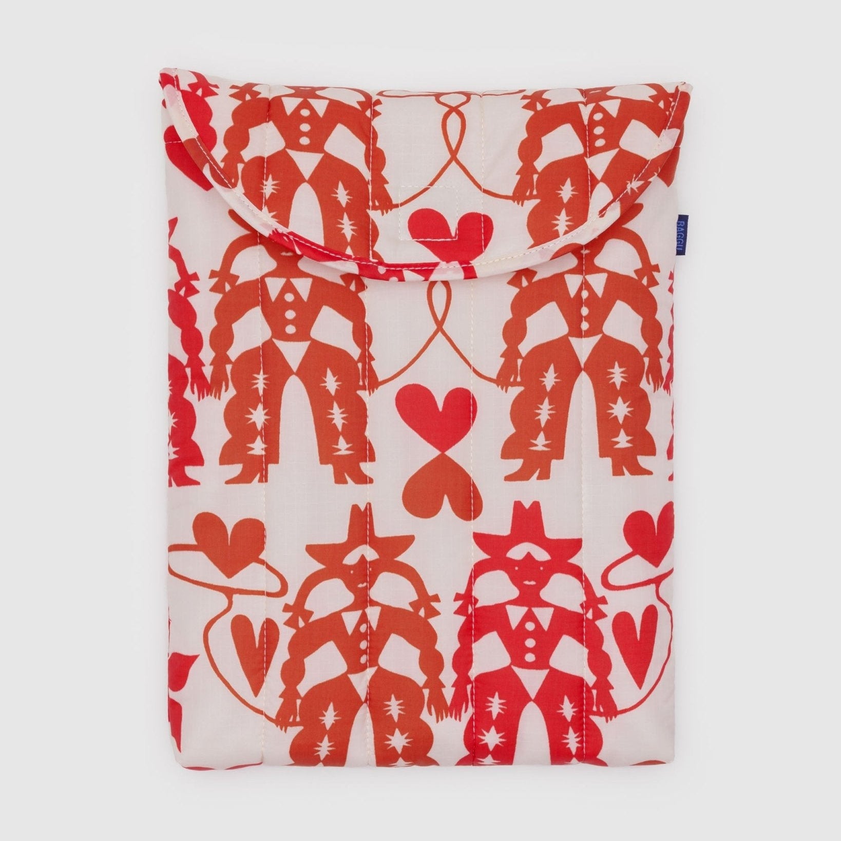Red and white cowgirl patterned laptop pouch with top closed