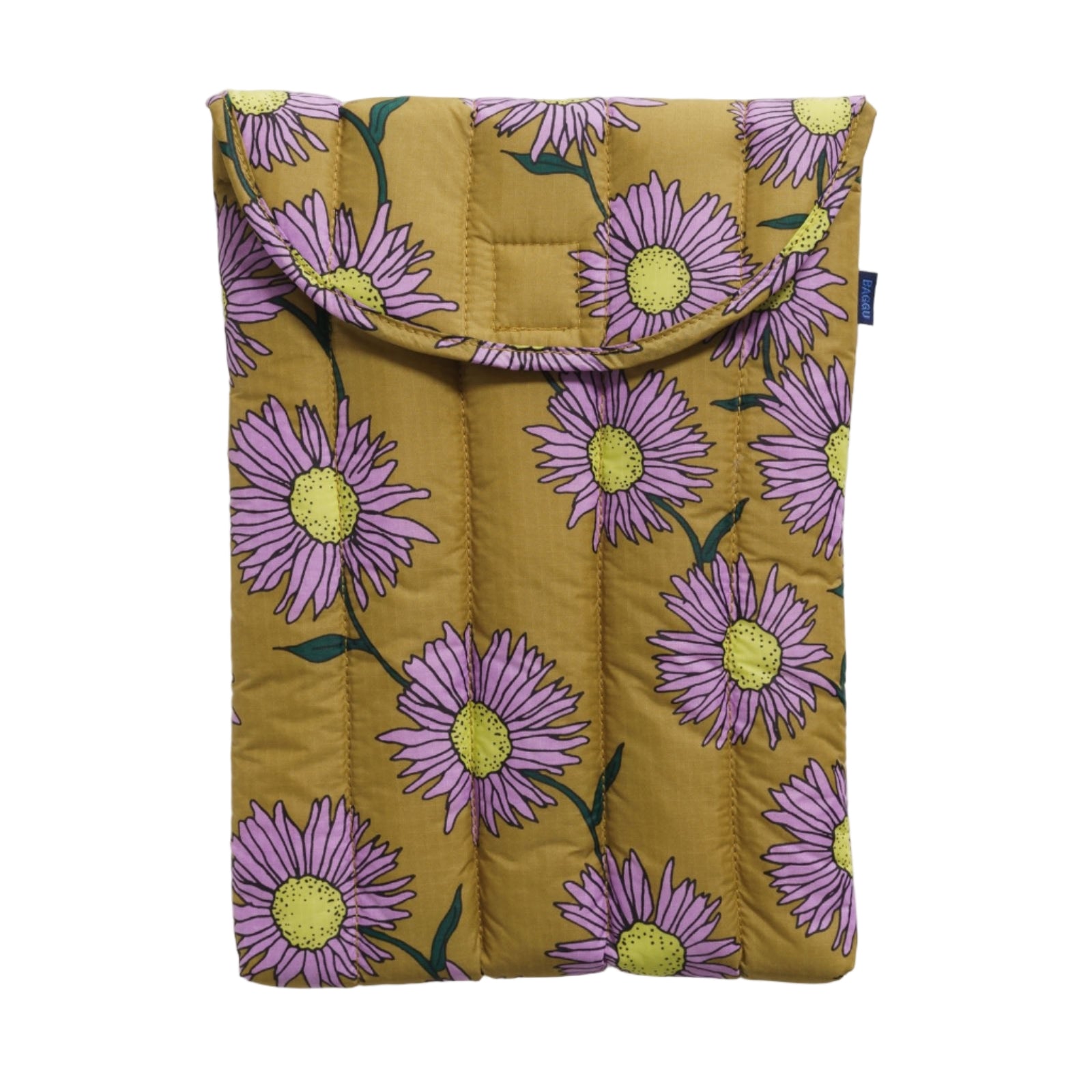 Pink daisy floral-pattern on mustard background quilted laptop cover