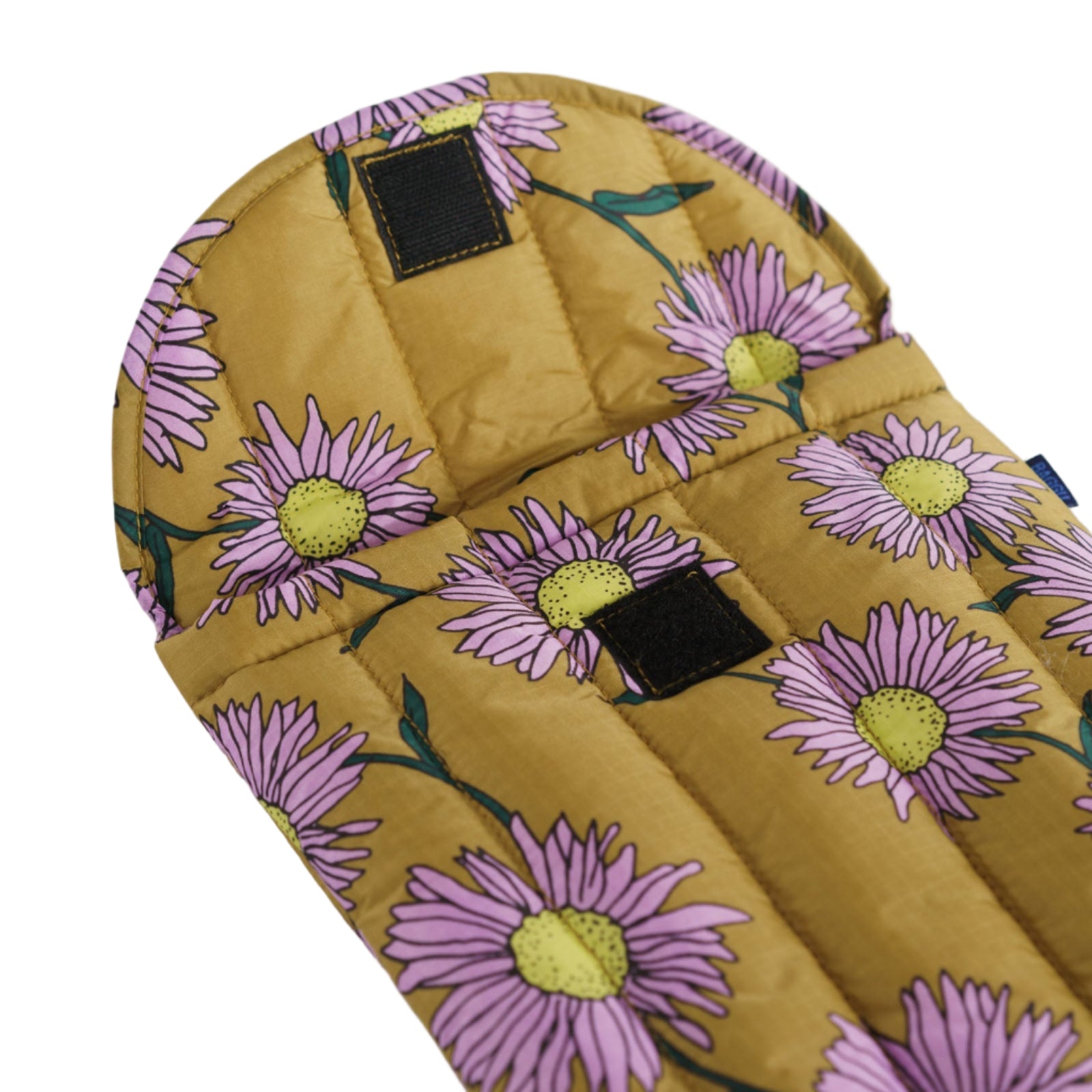 Pink daisy floral-pattern on brown background of laptop sleeve with velcro closure open