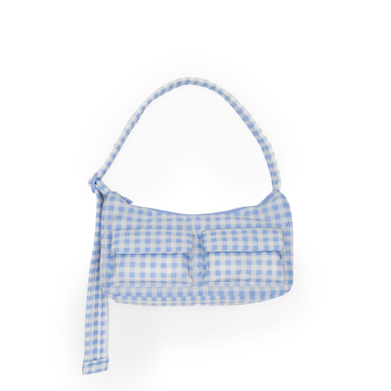 Light blue gingham cargo handbag with two front pockets, top zipper and adjustable quilted strap.