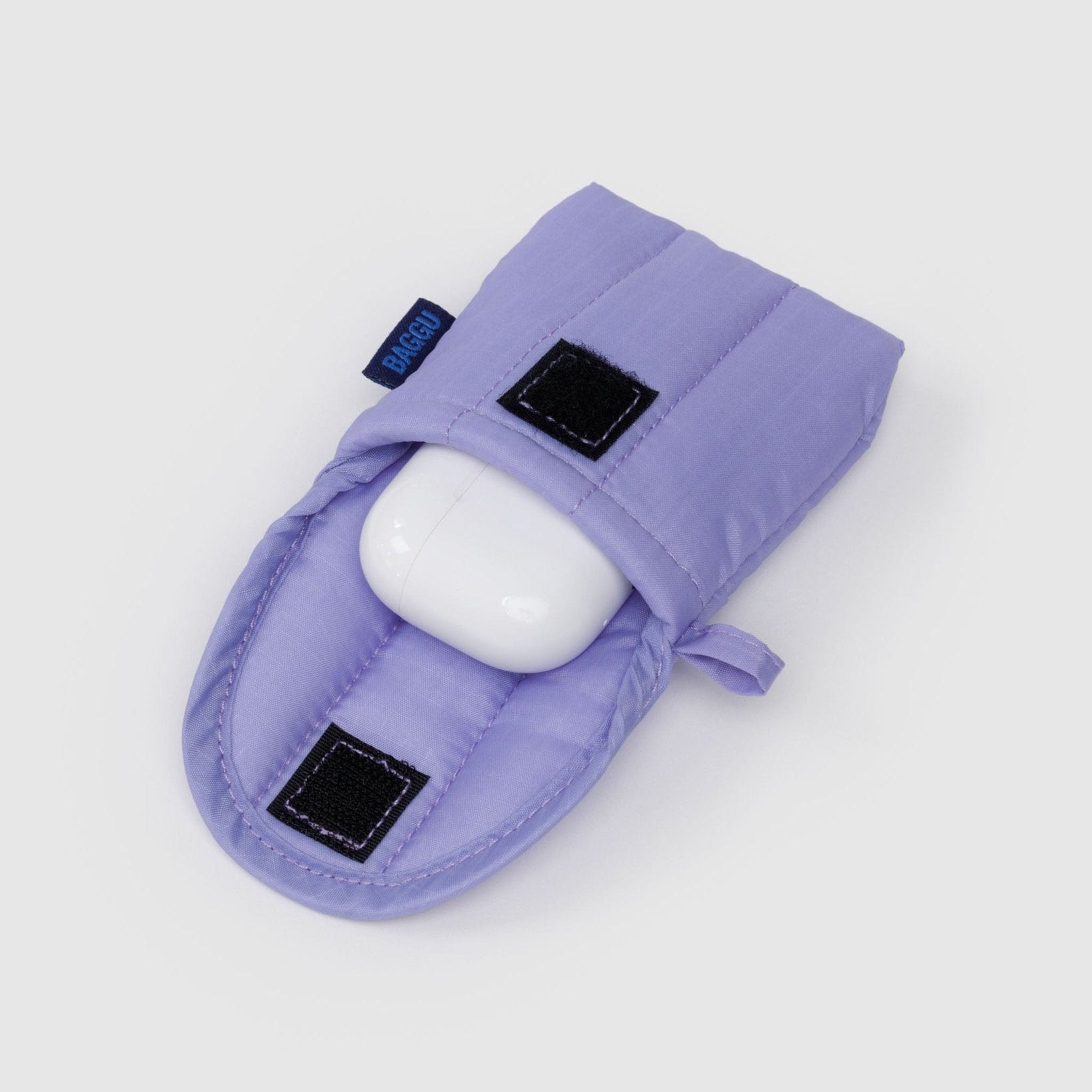 Purple earbuds pouch with white airpods inside, velcro closure and loop for hanging
