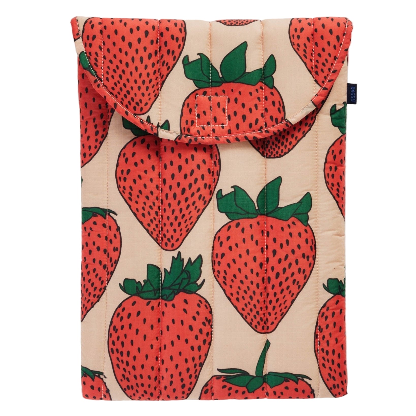 Strawberry print on a light pink quilted Laptop Sleeve.