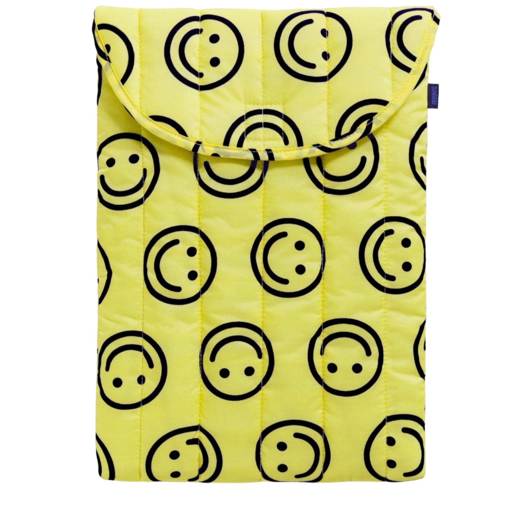 Yellow quilted laptop sleeve with smiley face print in black outline with velcro closure top.