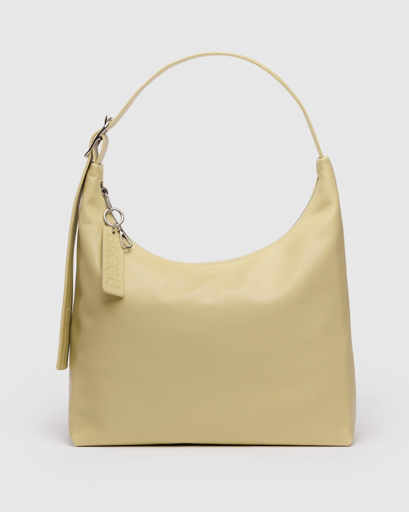 straw Recycled Leather Shoulder Bag with adjustable strap and key chain on top zip.