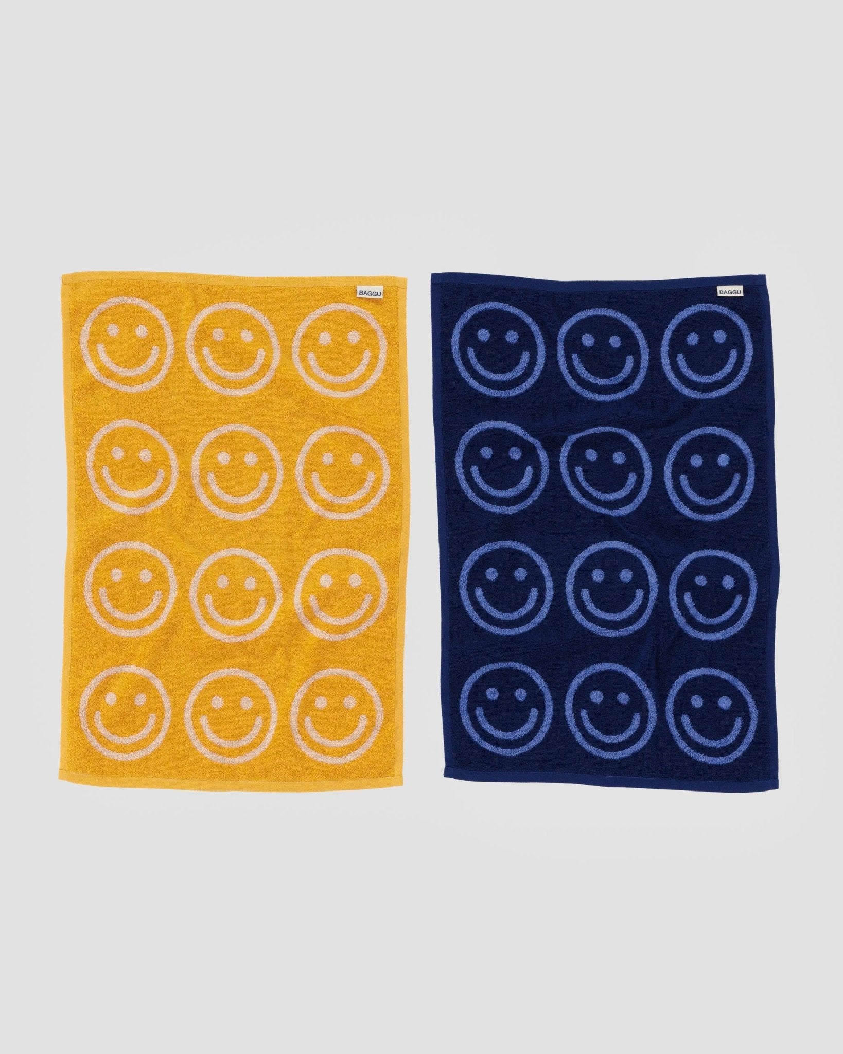 back of Reversible Hand Towel Set of 2 in Happy Blue Marigold with smiley face print