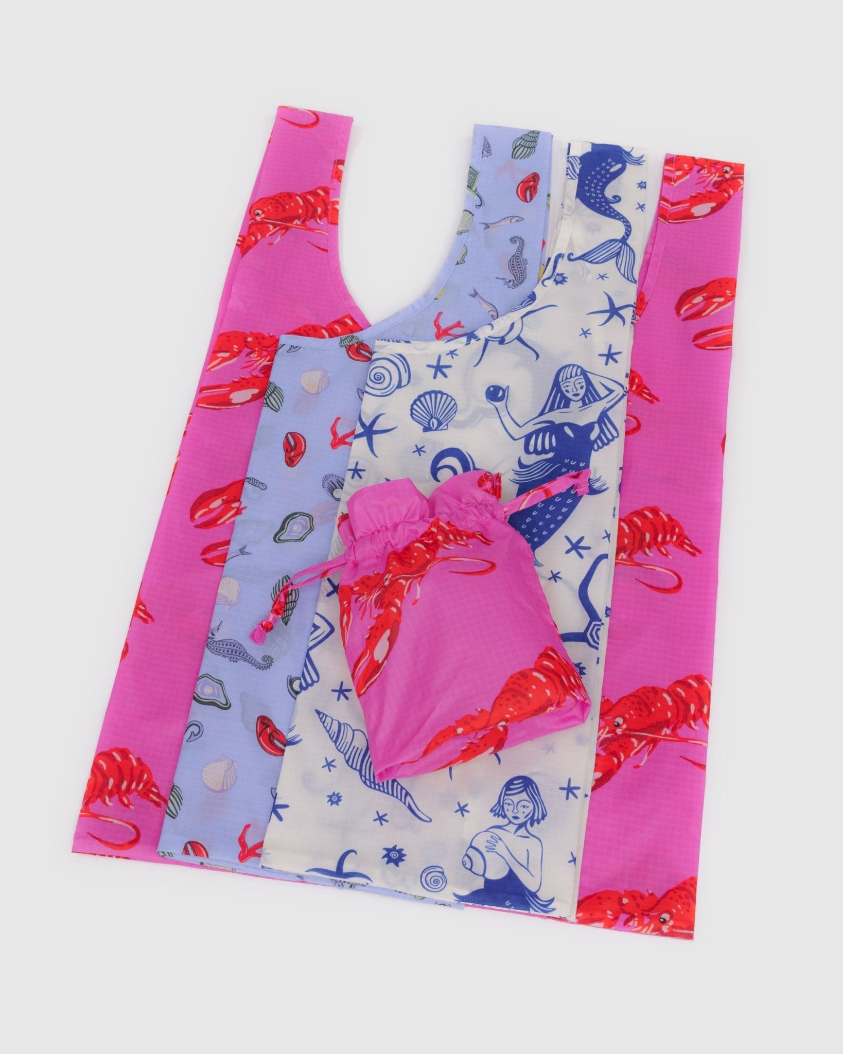 Set of 3 colorful bags with mermaid, sea charms and lobster patterns and storage pouch