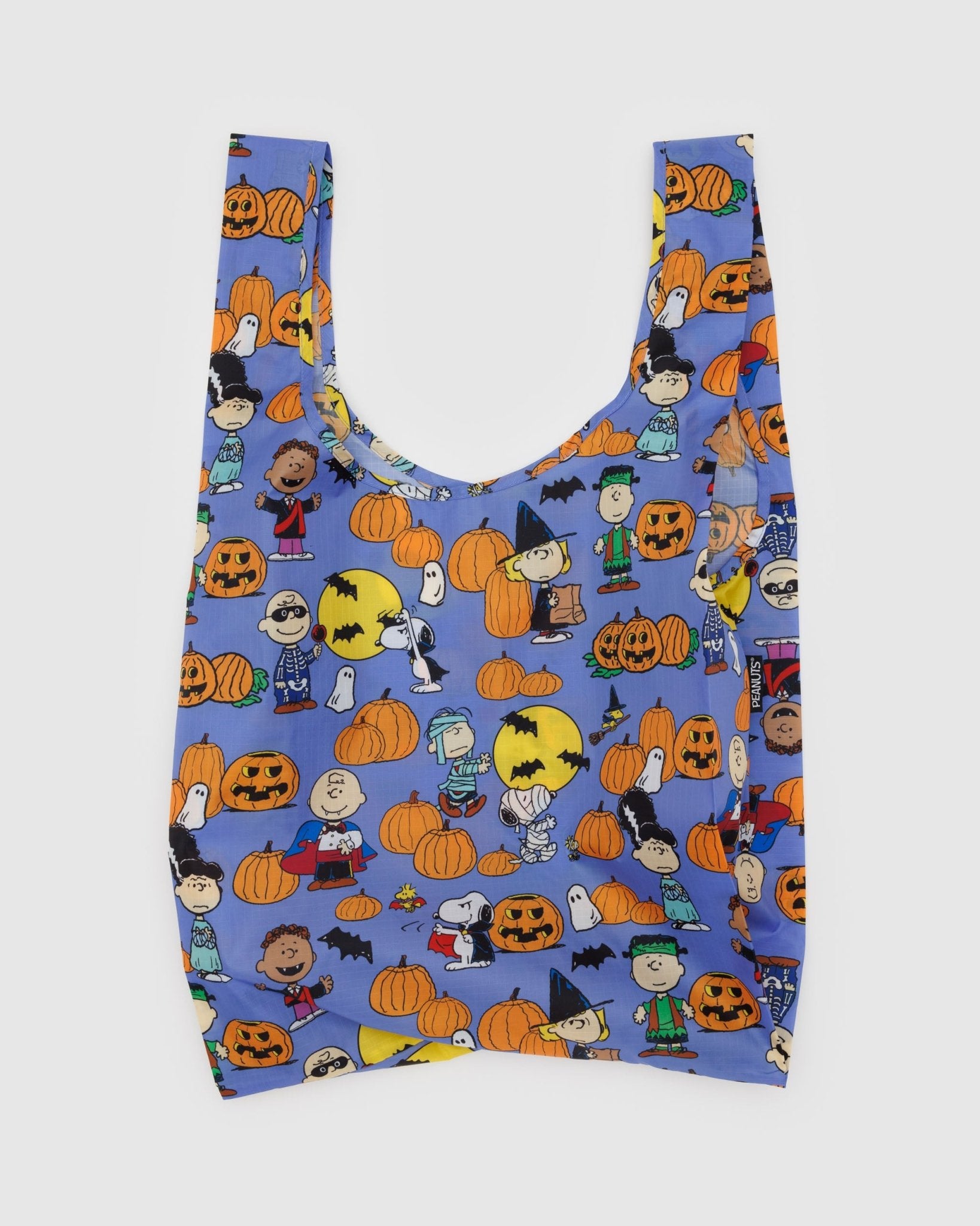 Reusable bag with Halloween-themed design featuring characters and pumpkins on a blue background