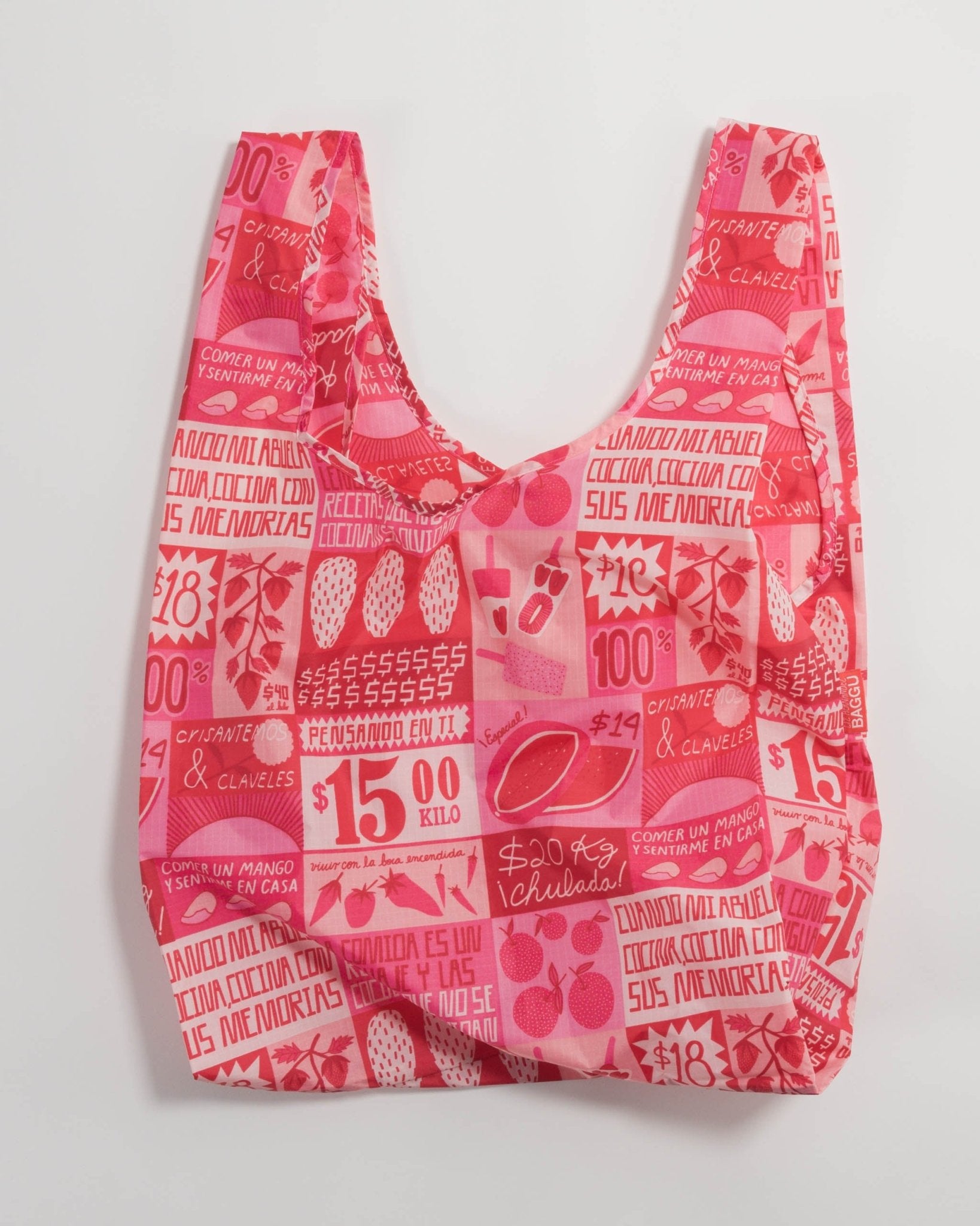 Red and pink grocery prints on a Standard Baggu Reusable Bag - ANNIE.G