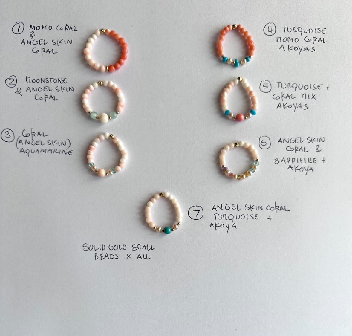 Bead Stretch Rings collection and names written on white cardboard