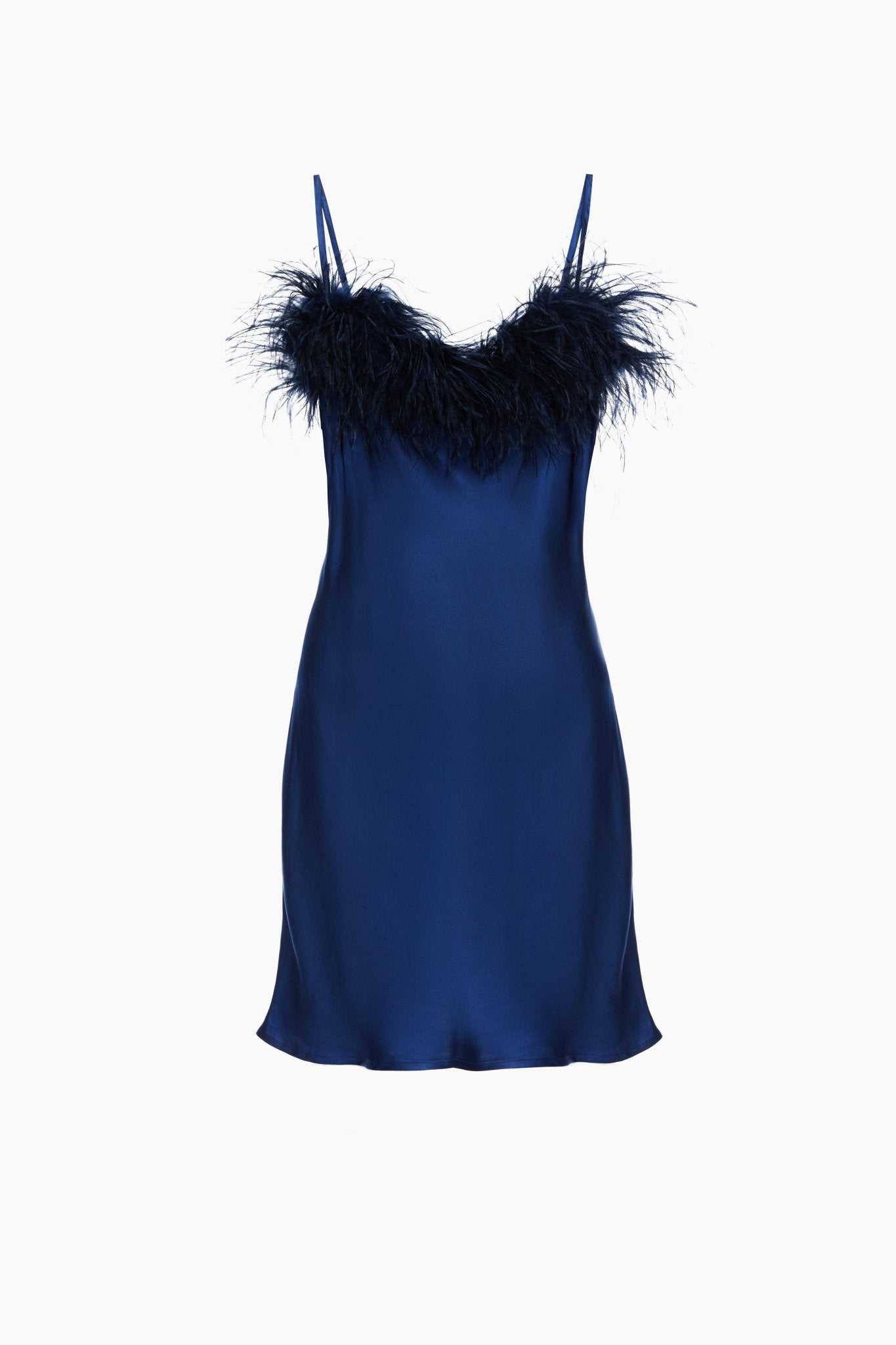 Boheme Mini Slip Dress with Feathers in Navy - ANNIE.G