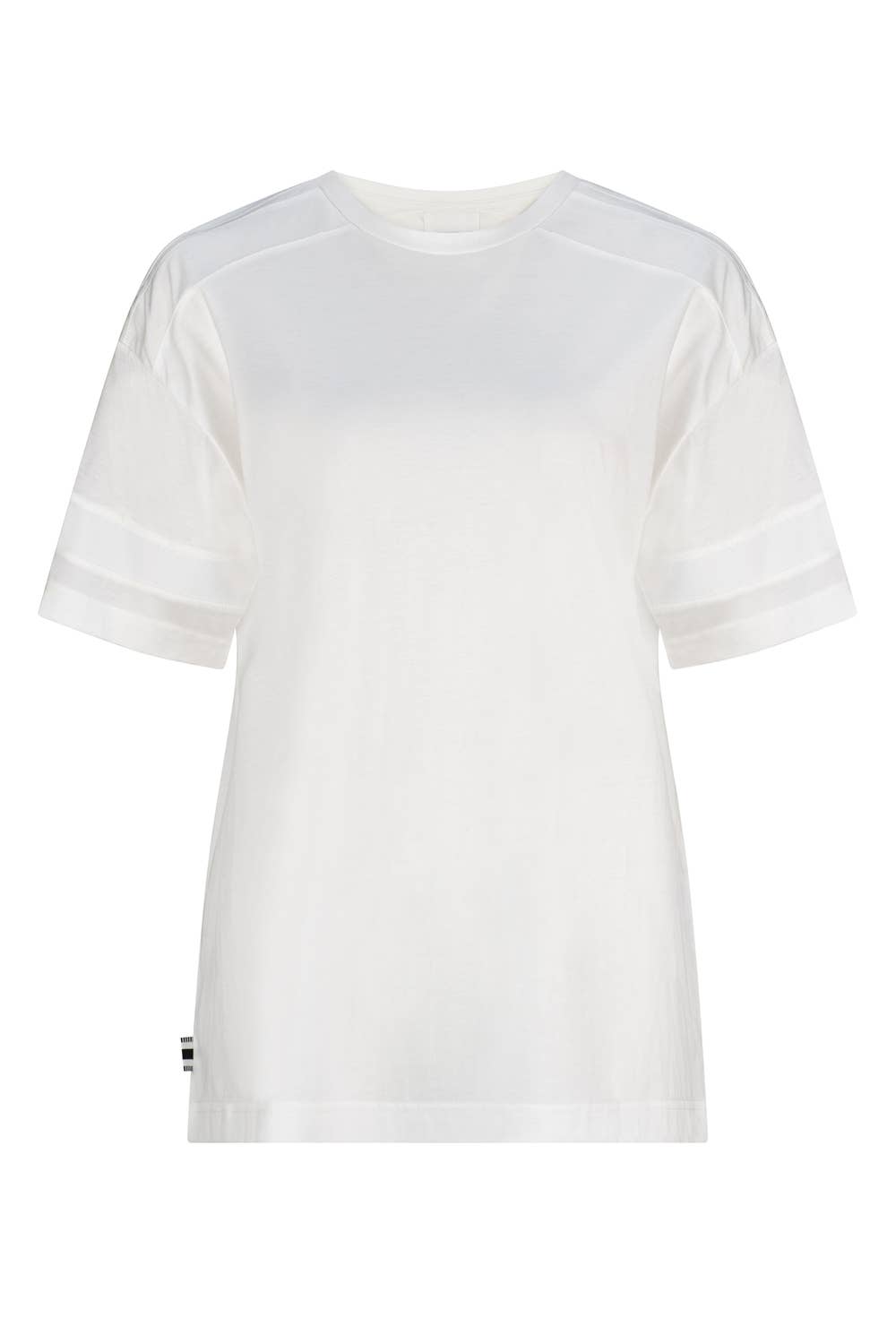 Front of white t-shirt with a crew neck and white grosgrain ribbon around short sleeves