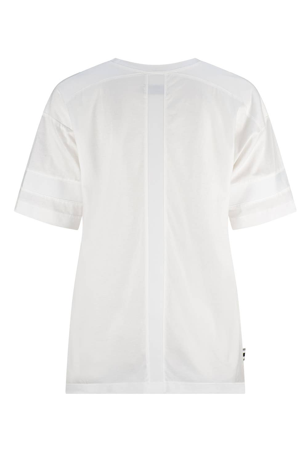 back of white tshirt with white grosgrain ribbon down the middle at back and around sleeves