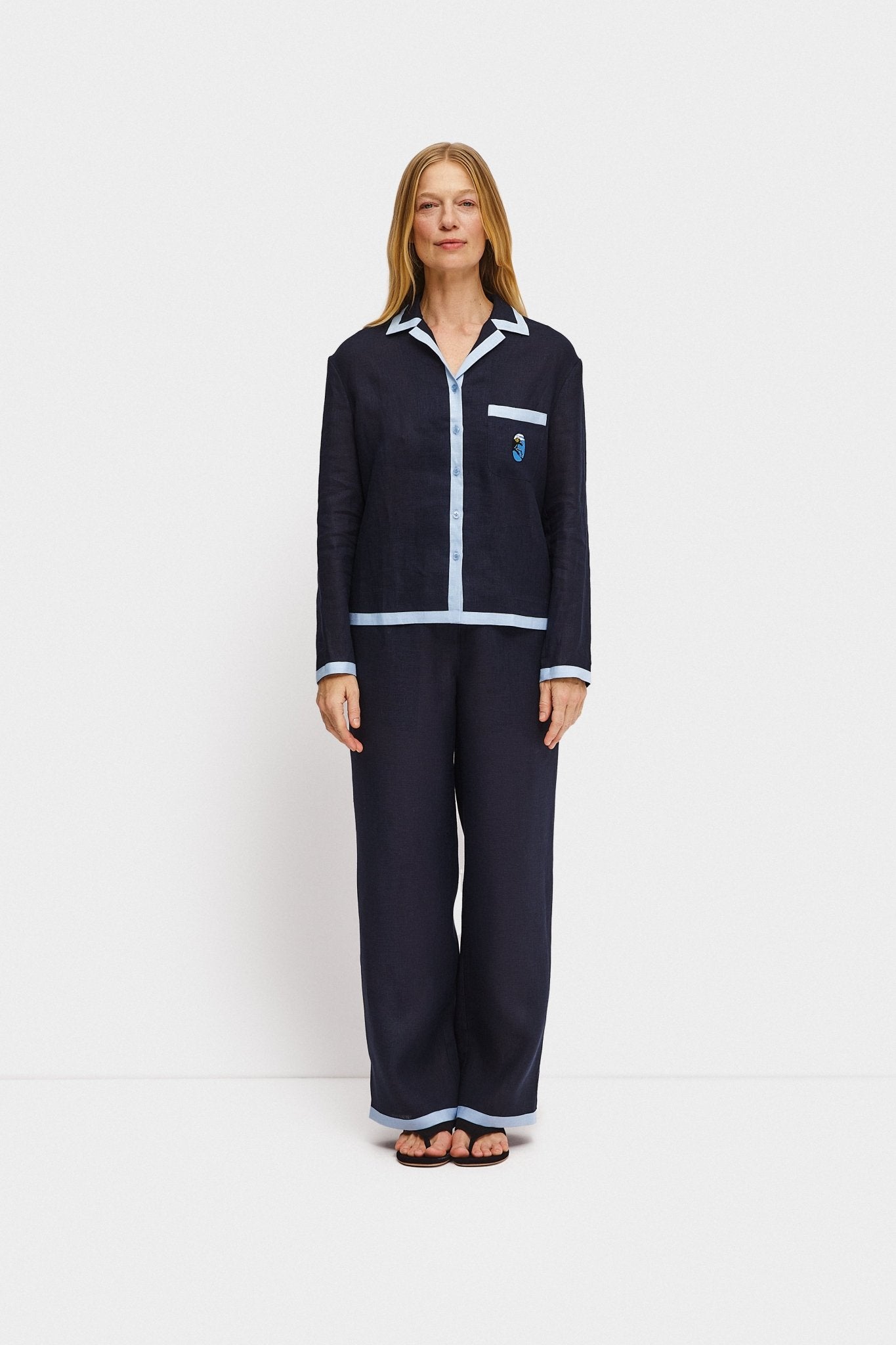 Garrick Embroidered Linen Pants in Navy - ANNIE.G