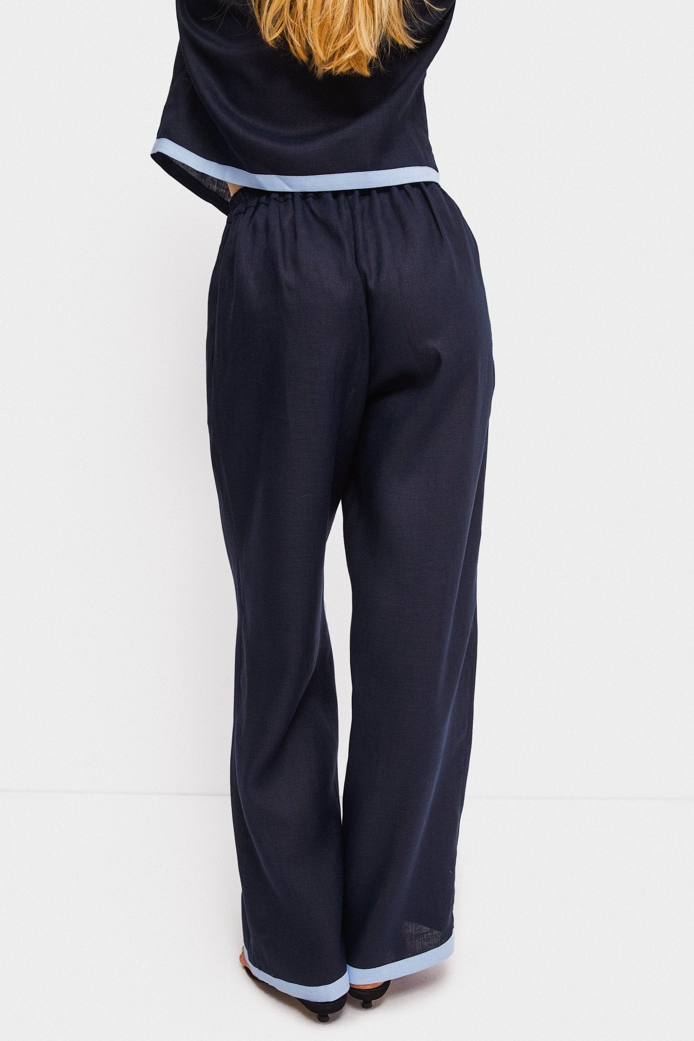 Garrick Embroidered Linen Pants in Navy - ANNIE.G