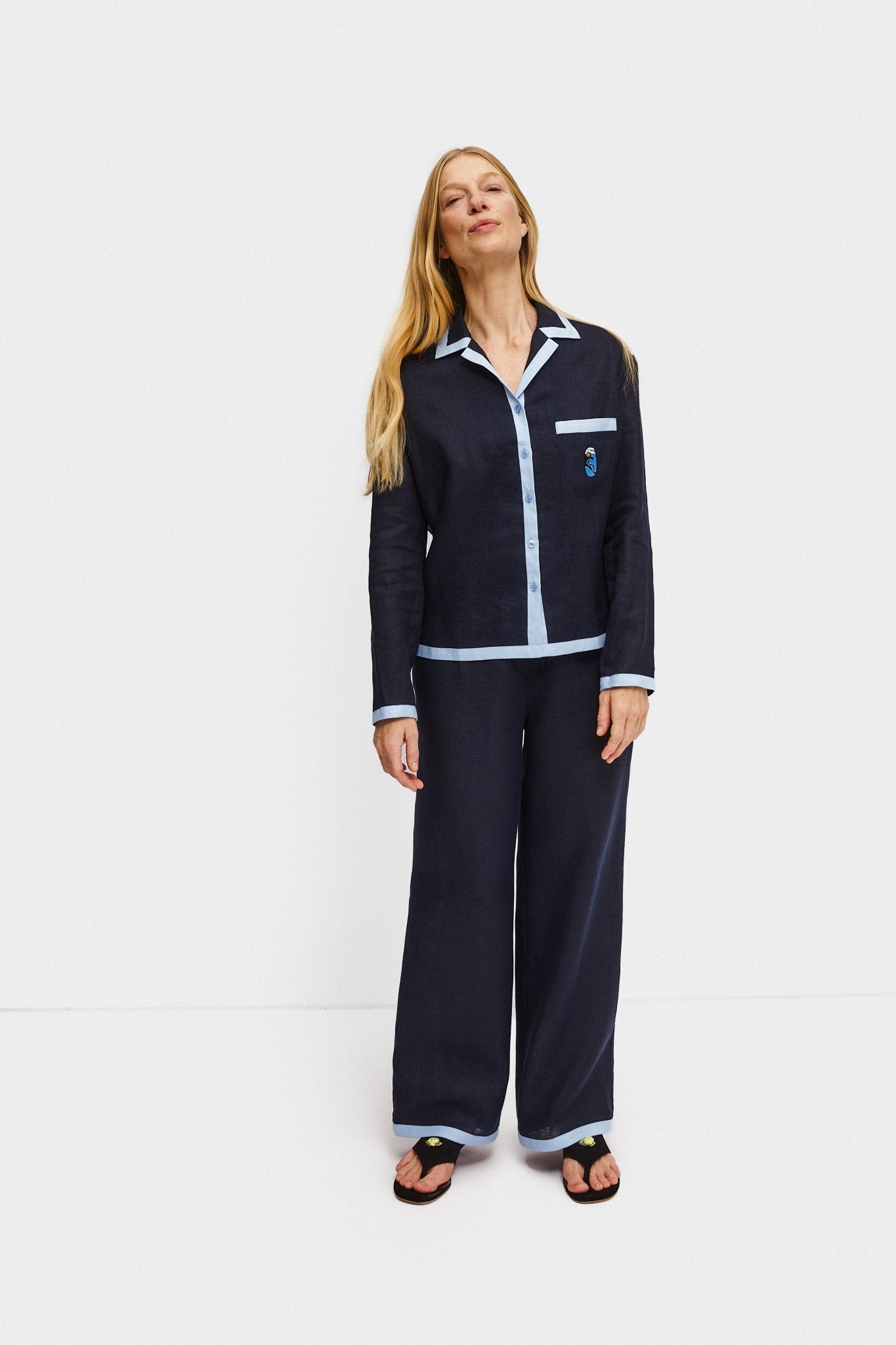 Garrick Embroidered Linen Pants in Navy - ANNIE.G