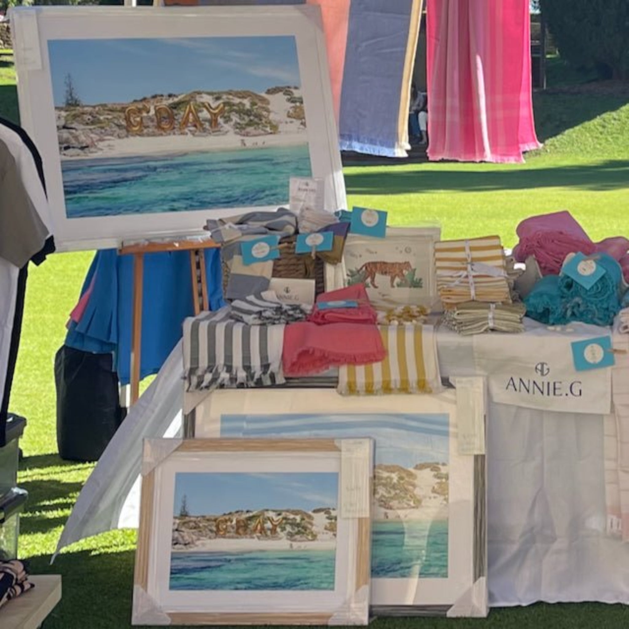 Stack of Gold G'DAY Balloons at beach on Rottnest Island Artwork print framed with white matt border and wooden frames at a market booth - ANNIE.G