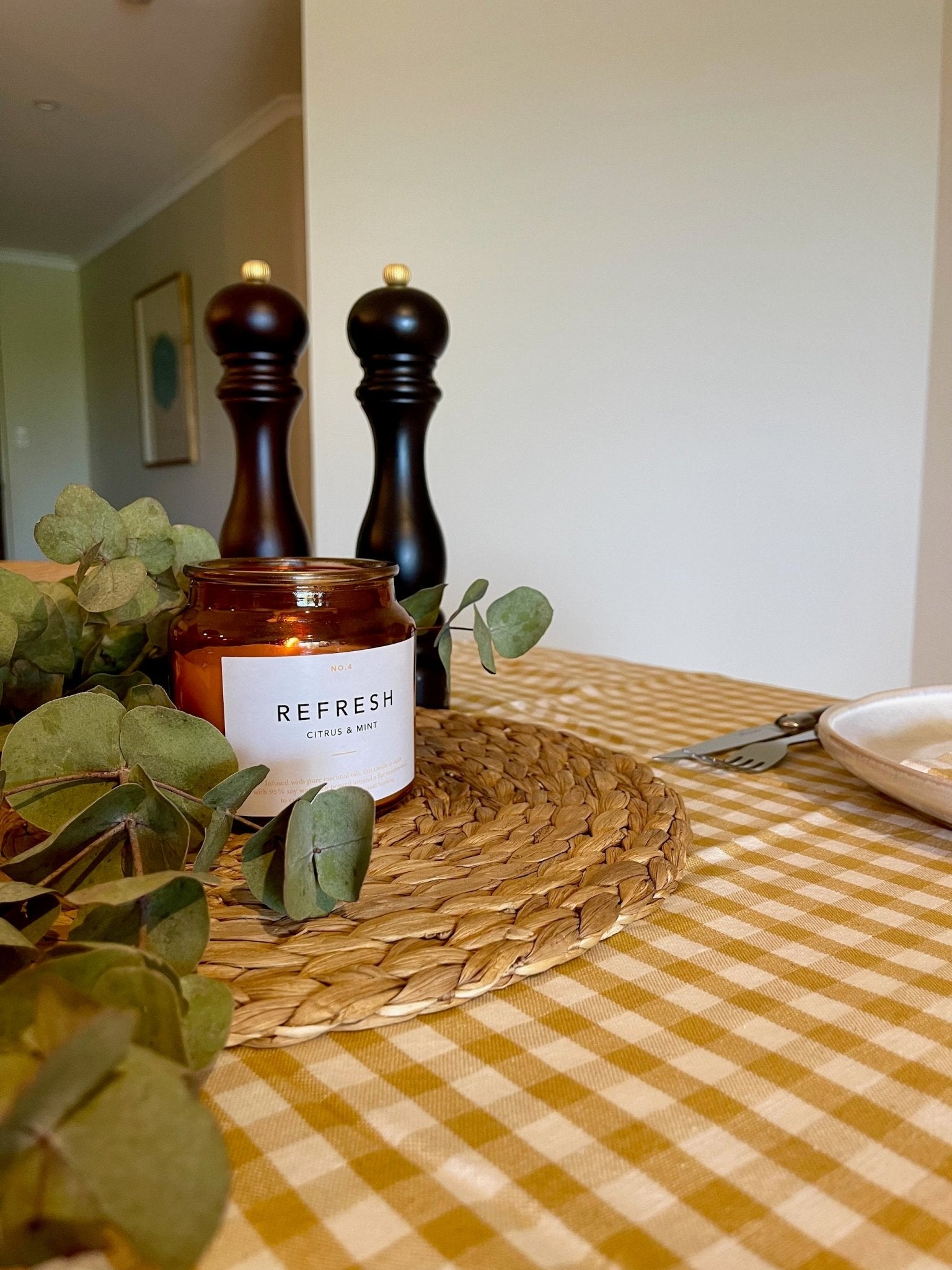Gold Gingham Cotton Tablecloth on a set table - ANNIE.G