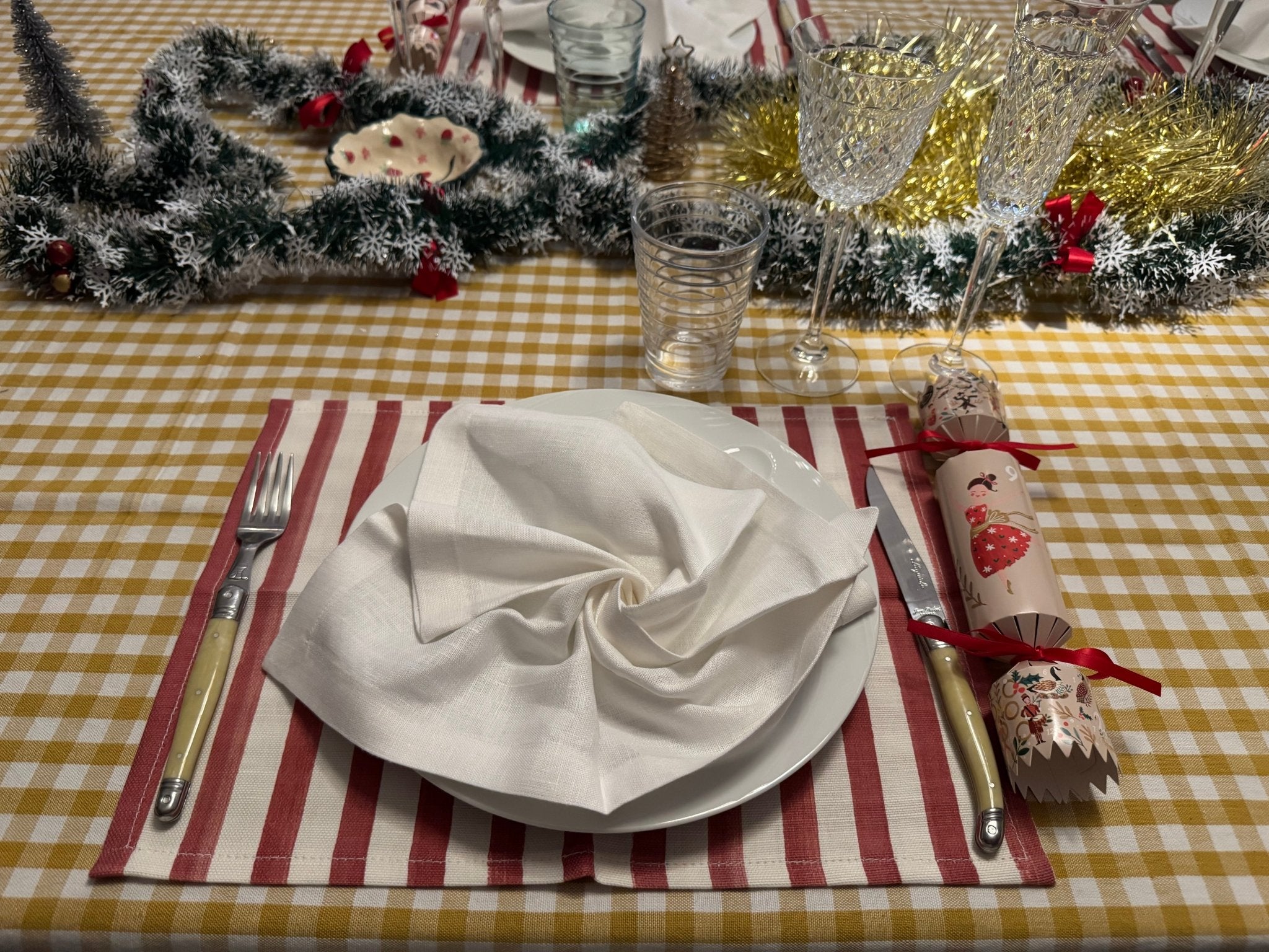 Gold Gingham Cotton Tablecloth on a set table with white napkin and terracotta placemat - ANNIE.G