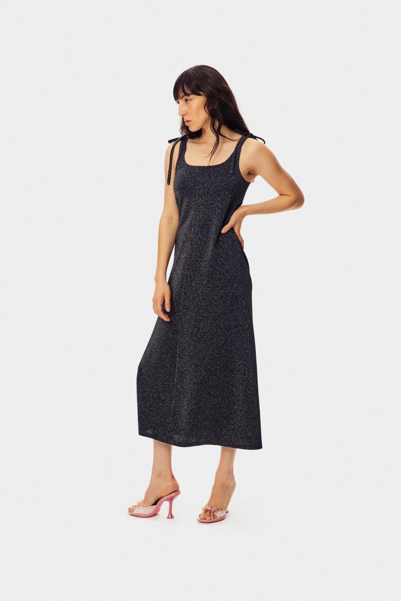Kylie Lurex Slip Dress in Black - ANNIE.G
