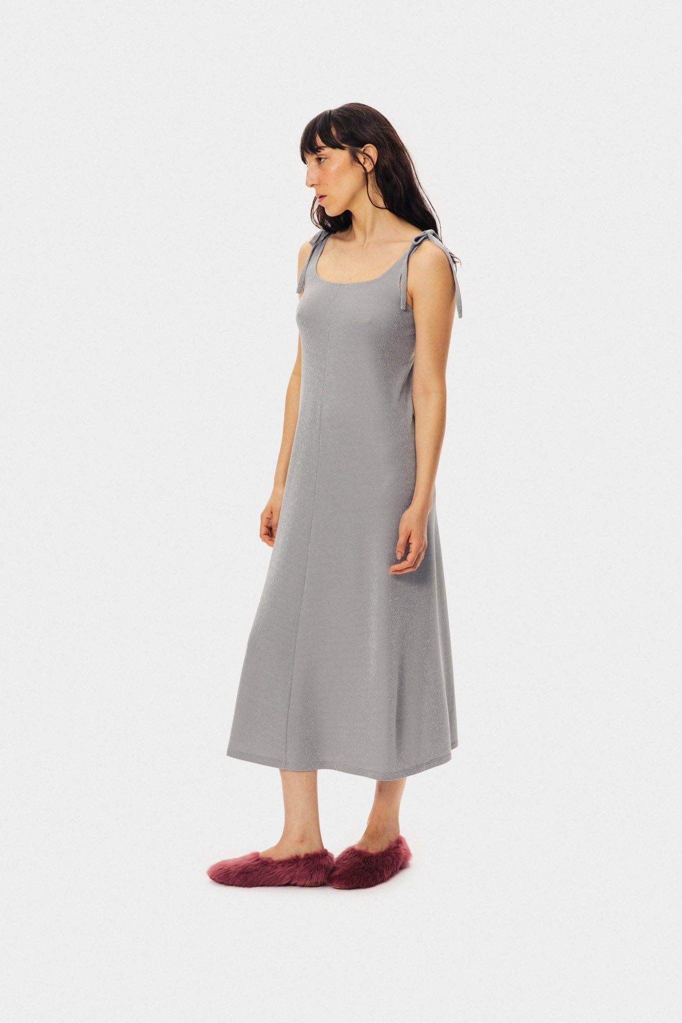 Kylie Lurex Slip Dress in Silver - ANNIE.G