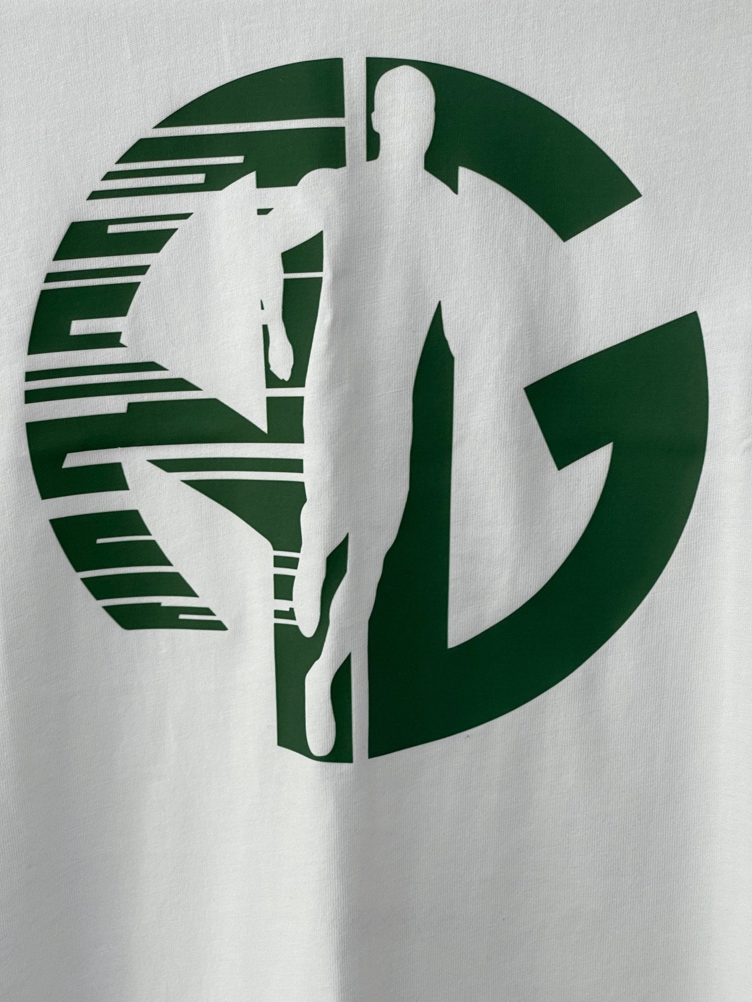 Green 'AG' logo with a running man on a white tee.