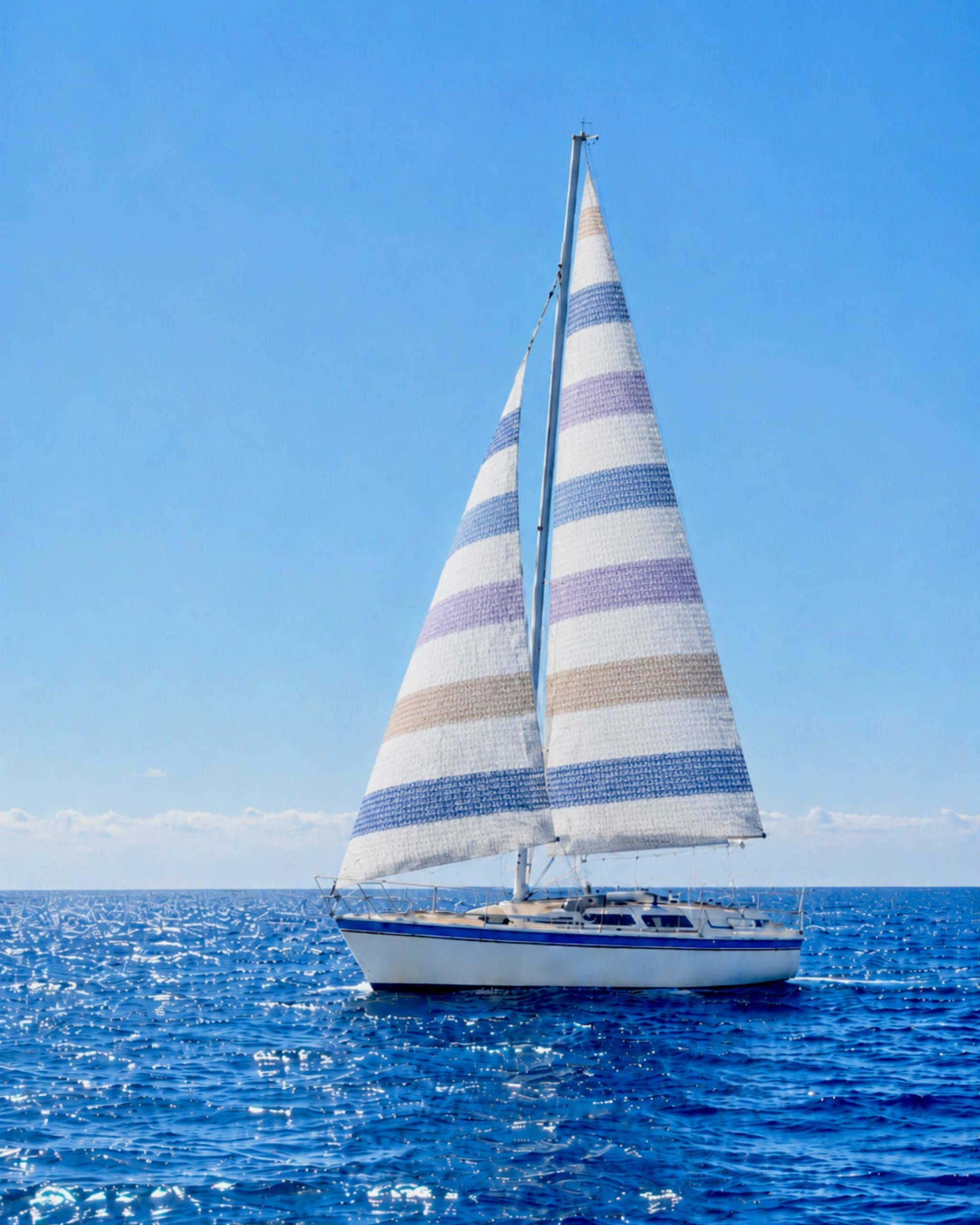 Sailboat with striped sails on a clear blue sky and ocean