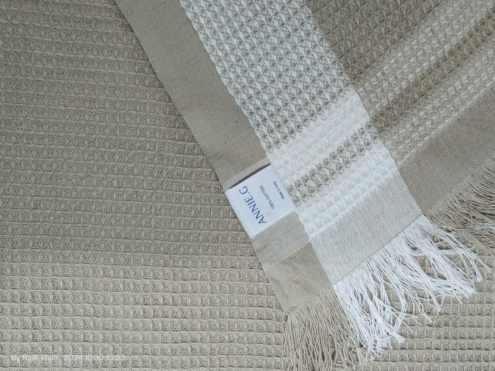 Natural Border Waffle Towel - ANNIE.G