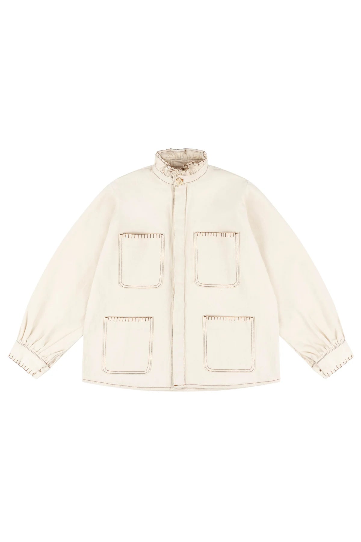 cream denim jacket with long sleeves and ruffle collar with patch pockets and blanket stitch detail in contrast brown