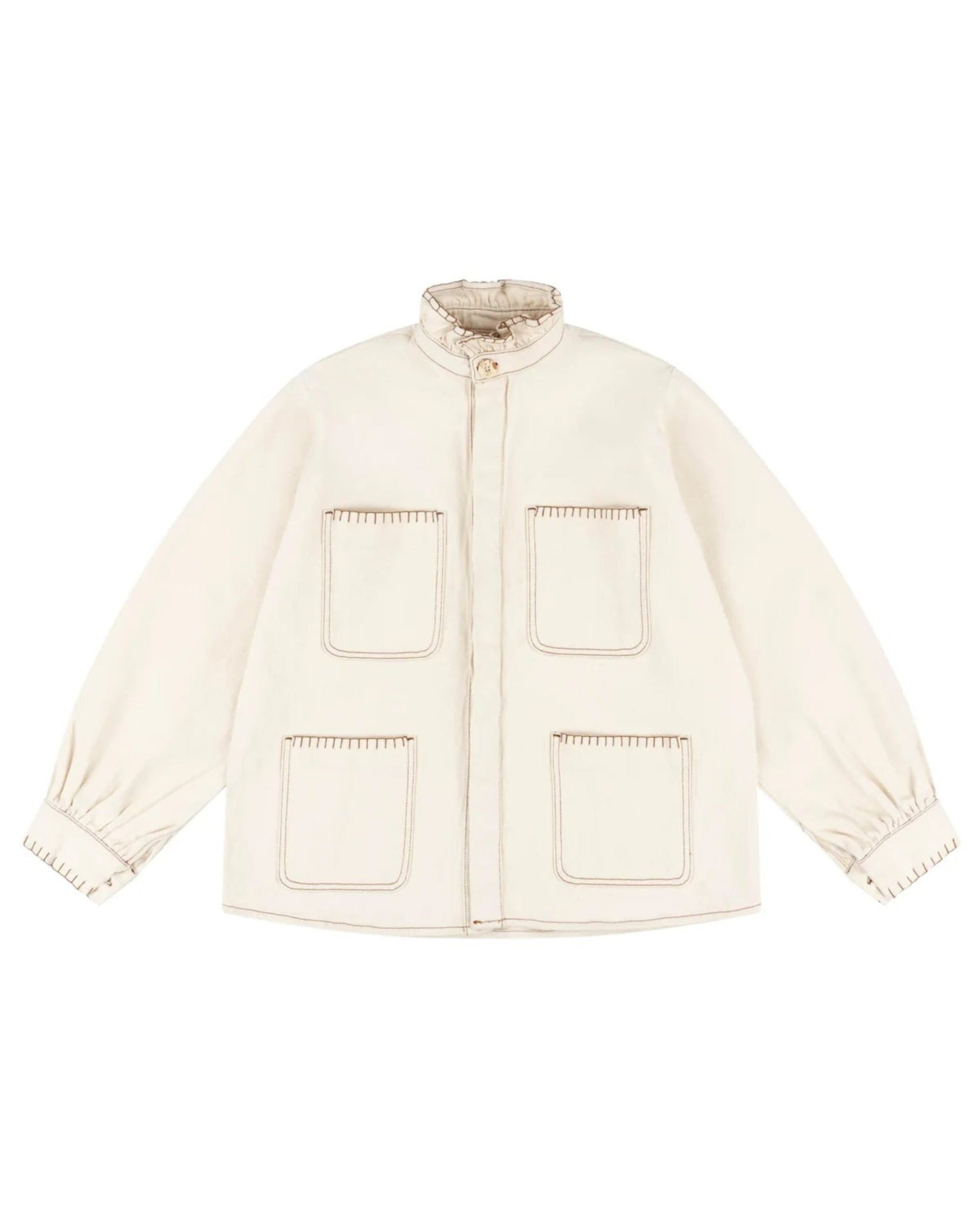 cream denim jacket with long sleeves and ruffle collar with patch pockets and blanket stitch detail in contrast brown