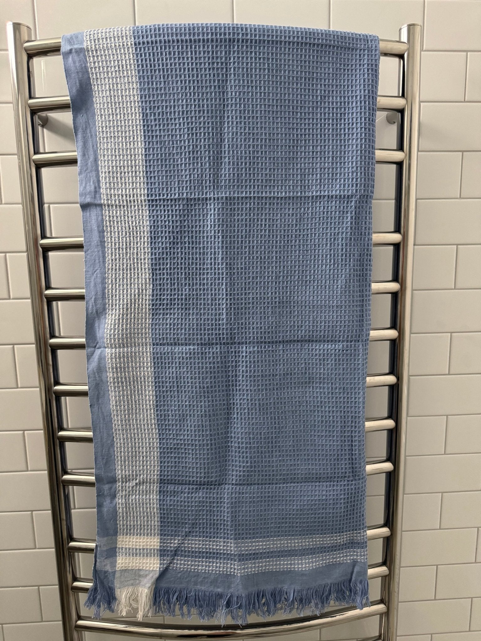 Periwinkle Border Waffle Towel hanging of heated towel rail - ANNIE.G