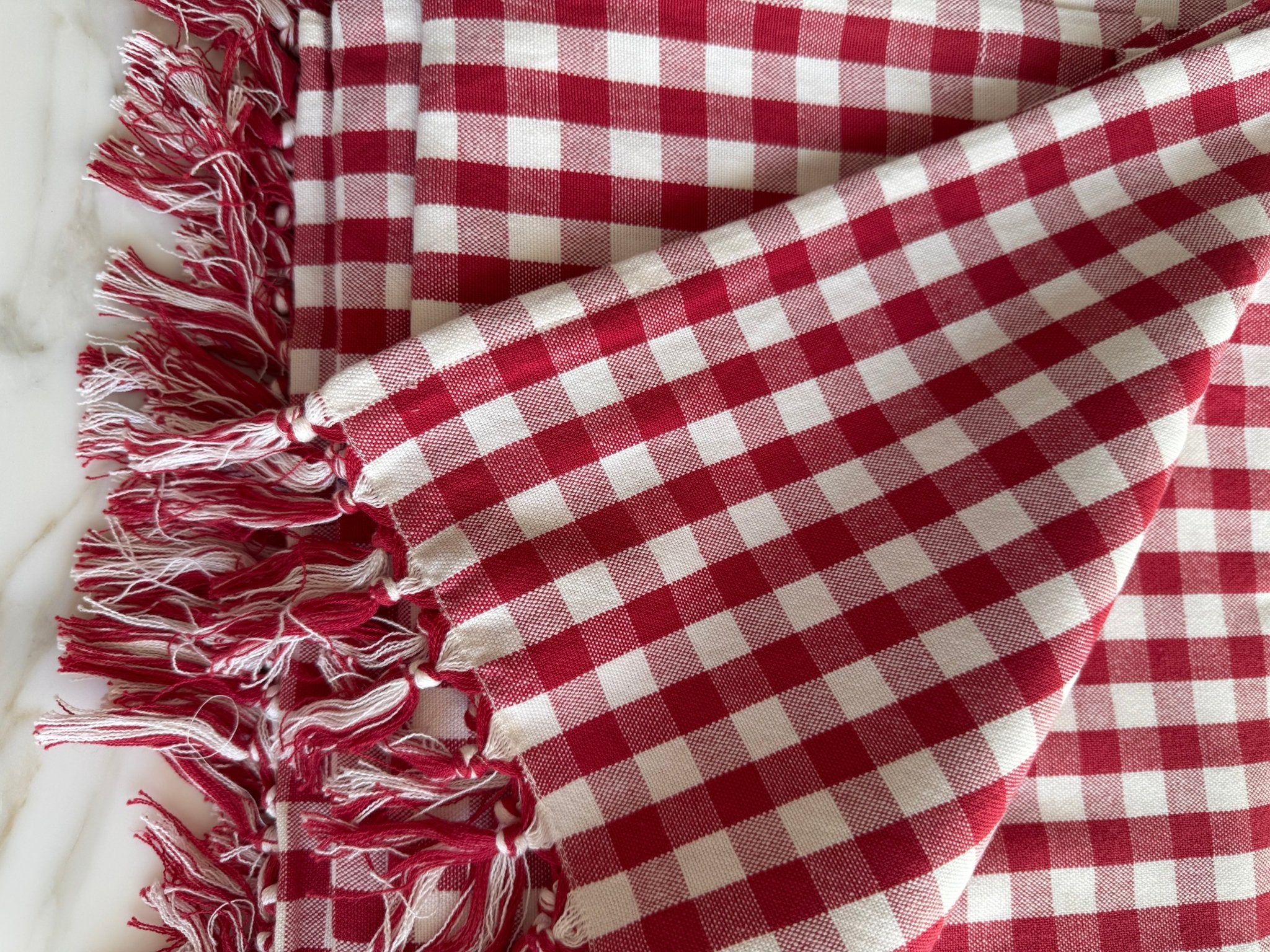 Folded Red Gingham Cotton Tablecloth with hand knotted tassel edge - ANNIE.G