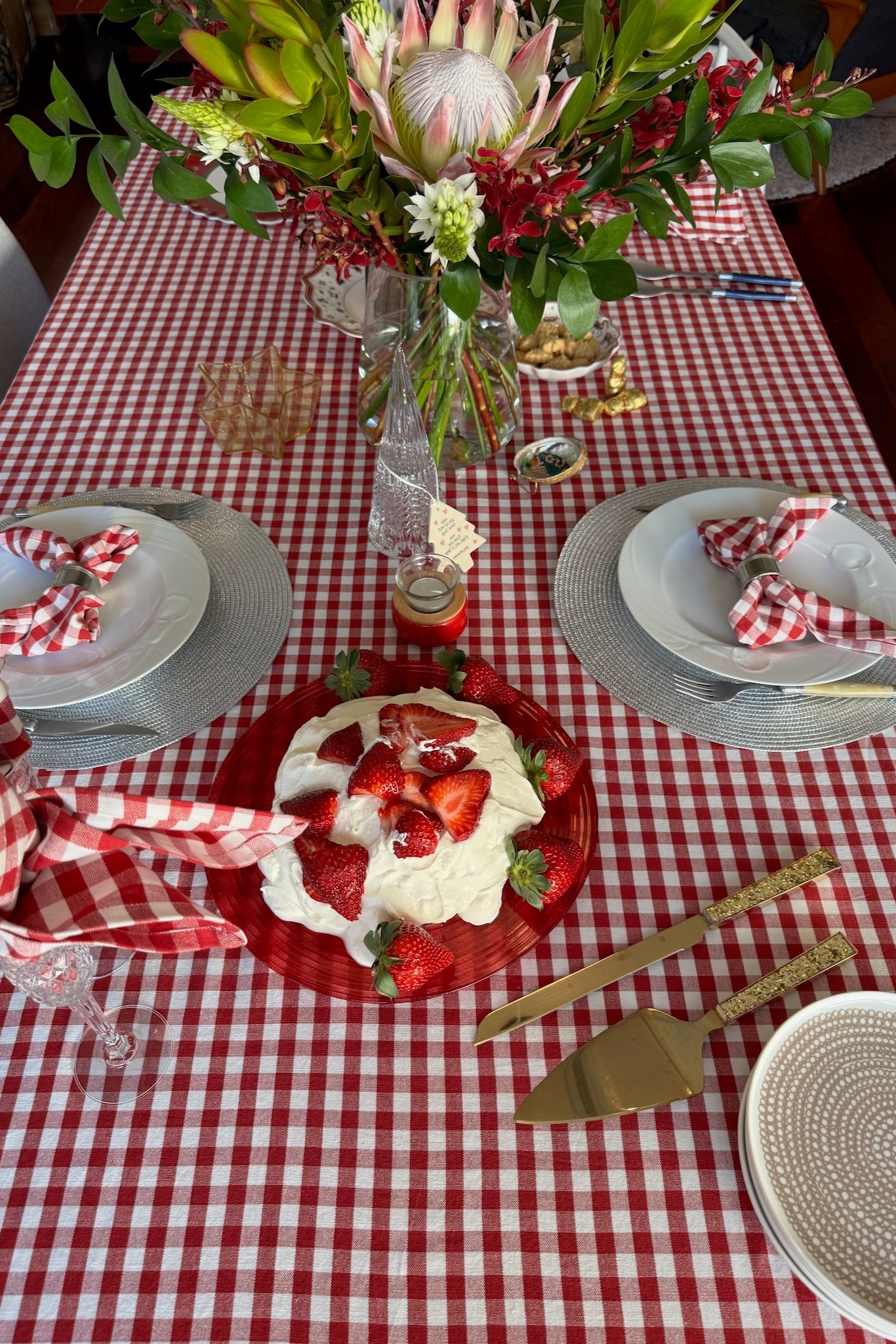 Top of Red Gingham Cotton Tablecloth with food and flowers - ANNIE.G
