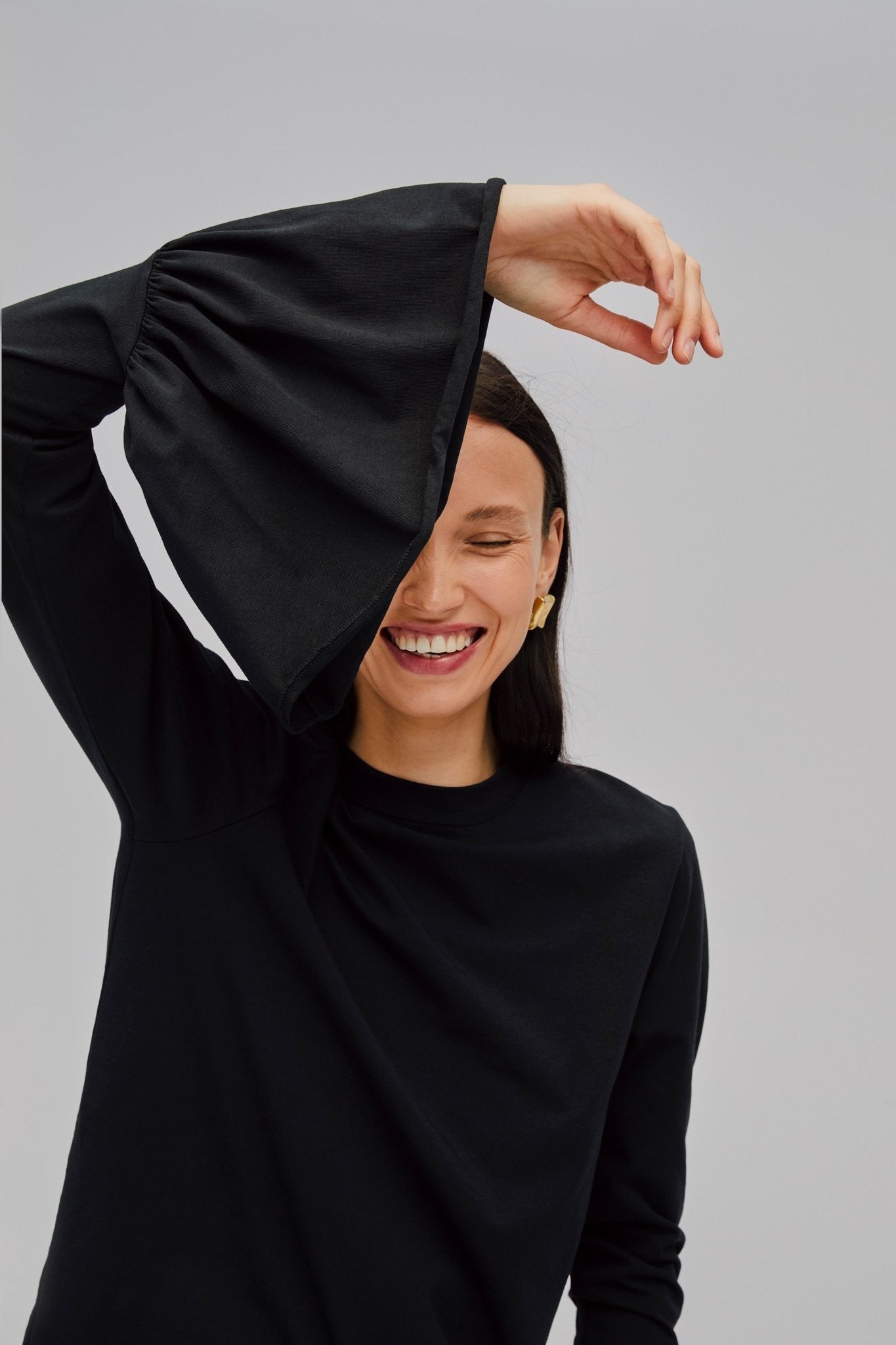 Ruffled Long Sleeve Stretch Cotton Jersey T-shirt - ANNIE.G