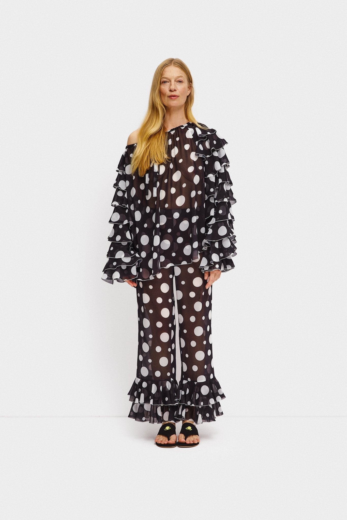 Samba Ruffled Chiffon Polka - dot Pants in Black - ANNIE.G
