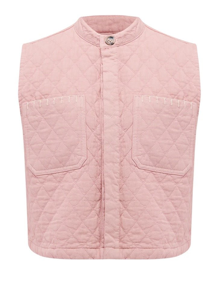 Pink quilted vest with buttons done up on a white background