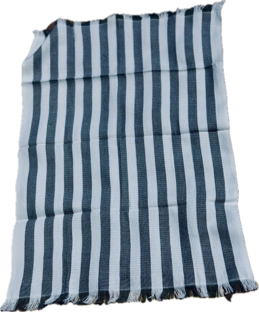 Small Waffle Cotton Hand Towel with fringe in grey and white stripe.
