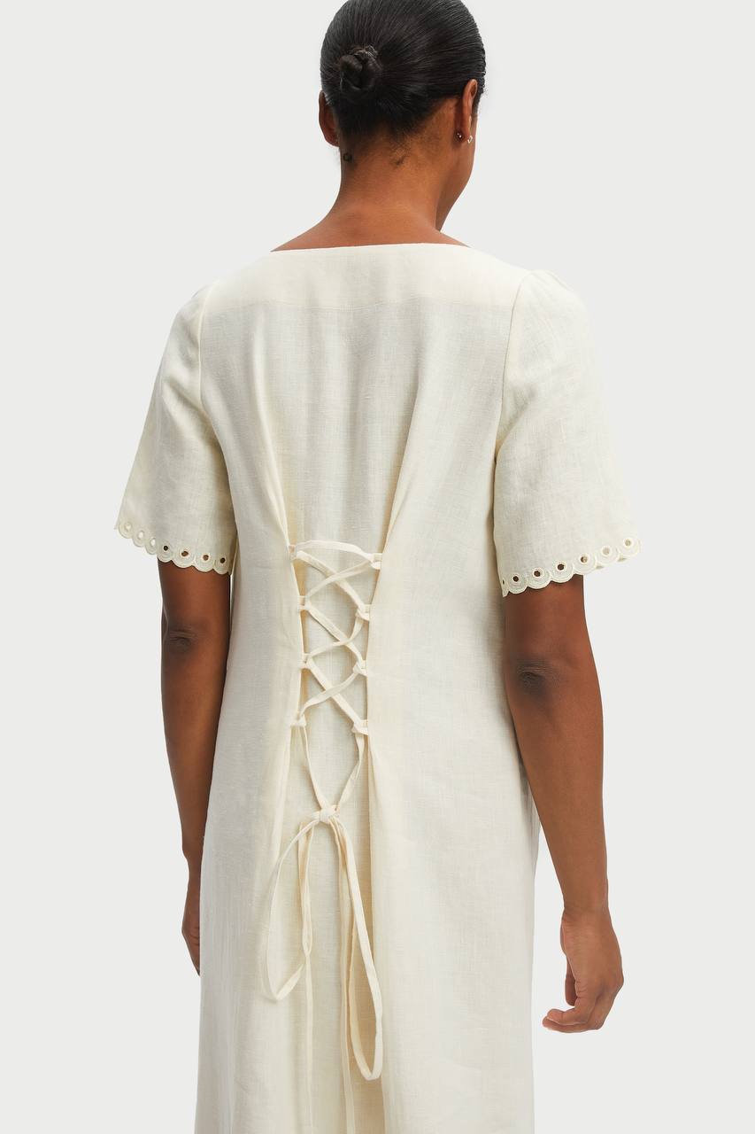 Sofia Linen Embroidered Midi Dress - ANNIE.G