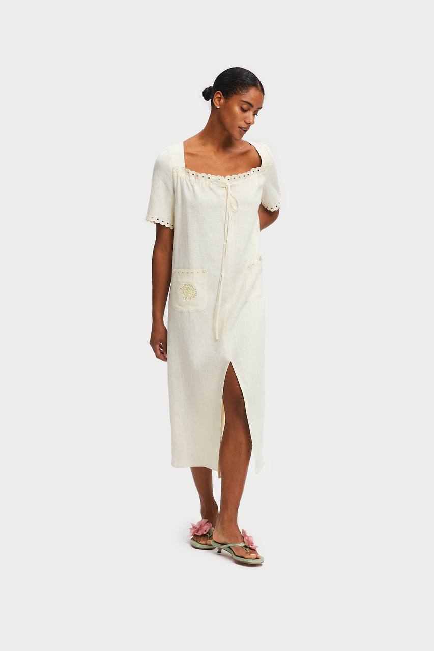 Sofia Linen Embroidered Midi Dress - ANNIE.G