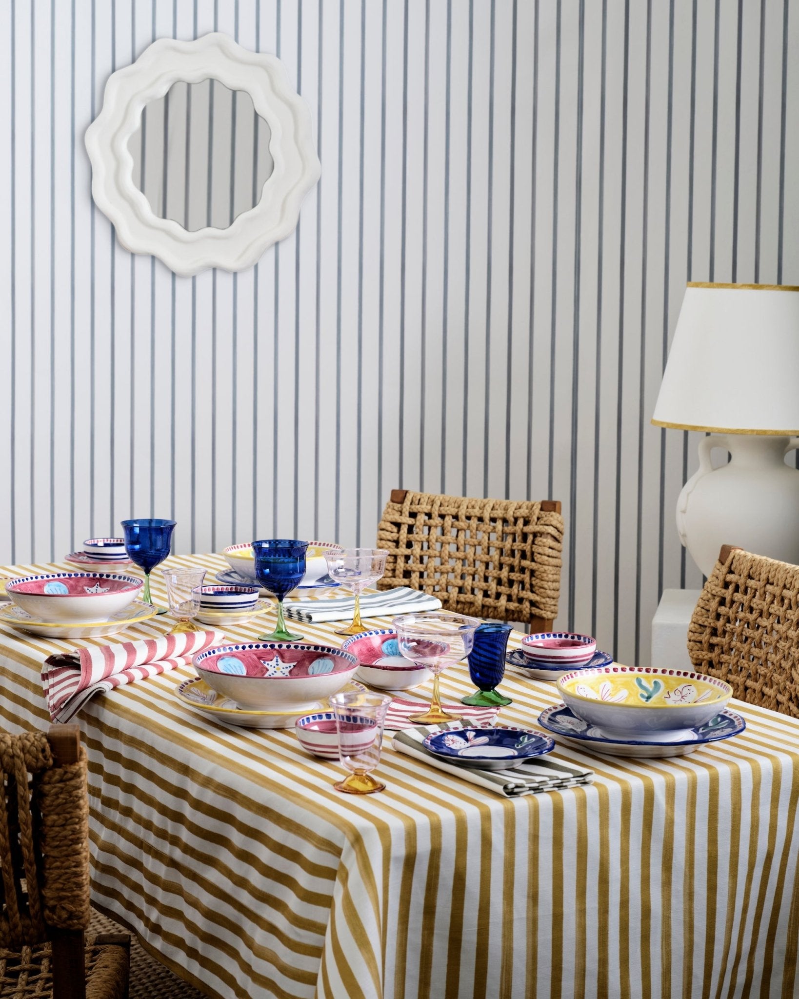 Ochre Striped Tablecloth on a table in dining room with a table setting - ANNIE.G