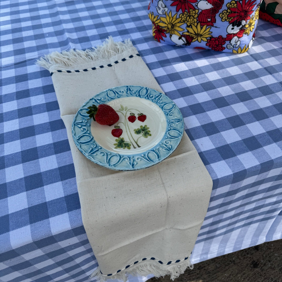 Checked light blue and white pattern of tablecloth on a table with a napkin and plate on top - ANNIE.G