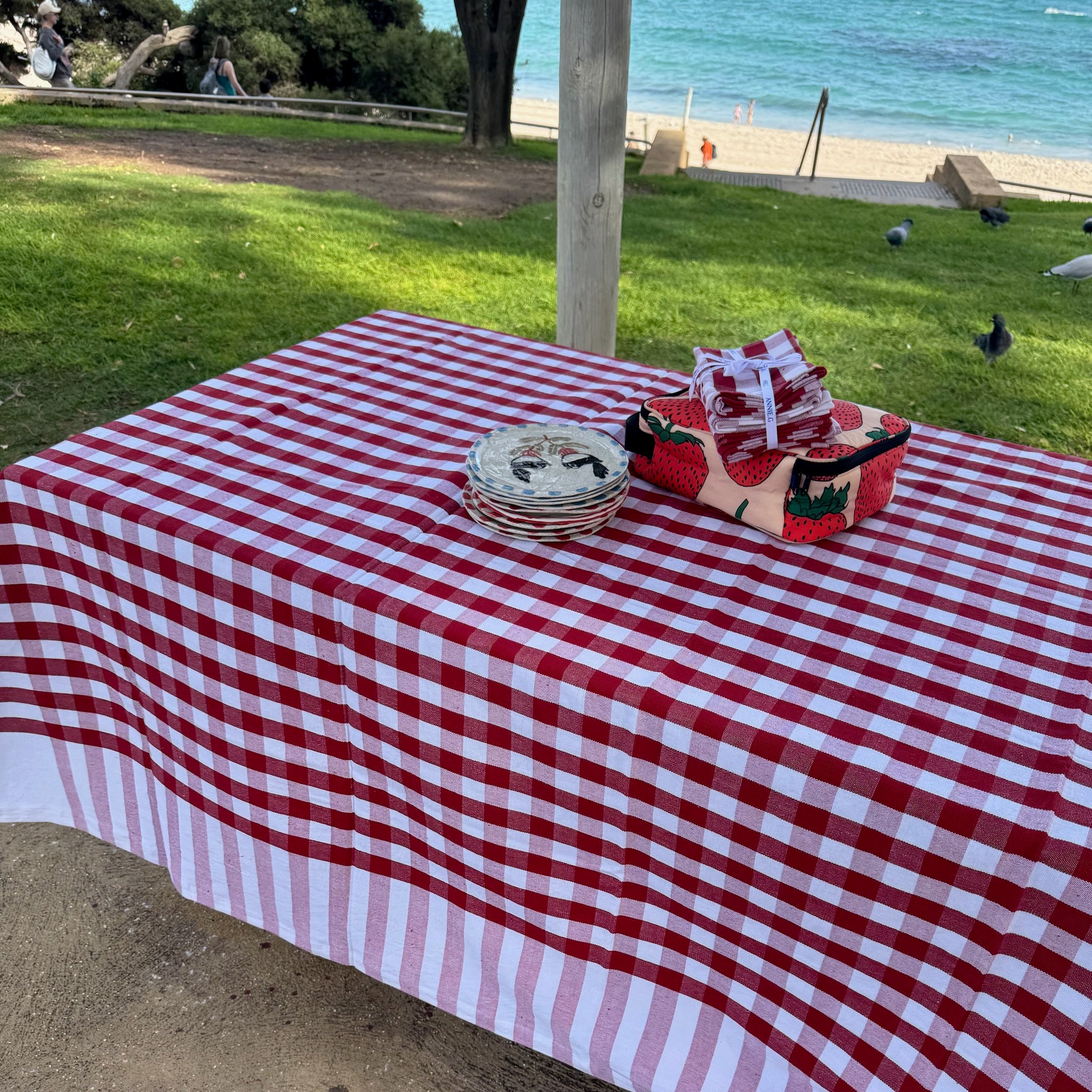 red-gingham-coastline-check-tablecloth-hemmed-edge-on-table-with-plates-matching-napkins-and-lunch-box-at-beach