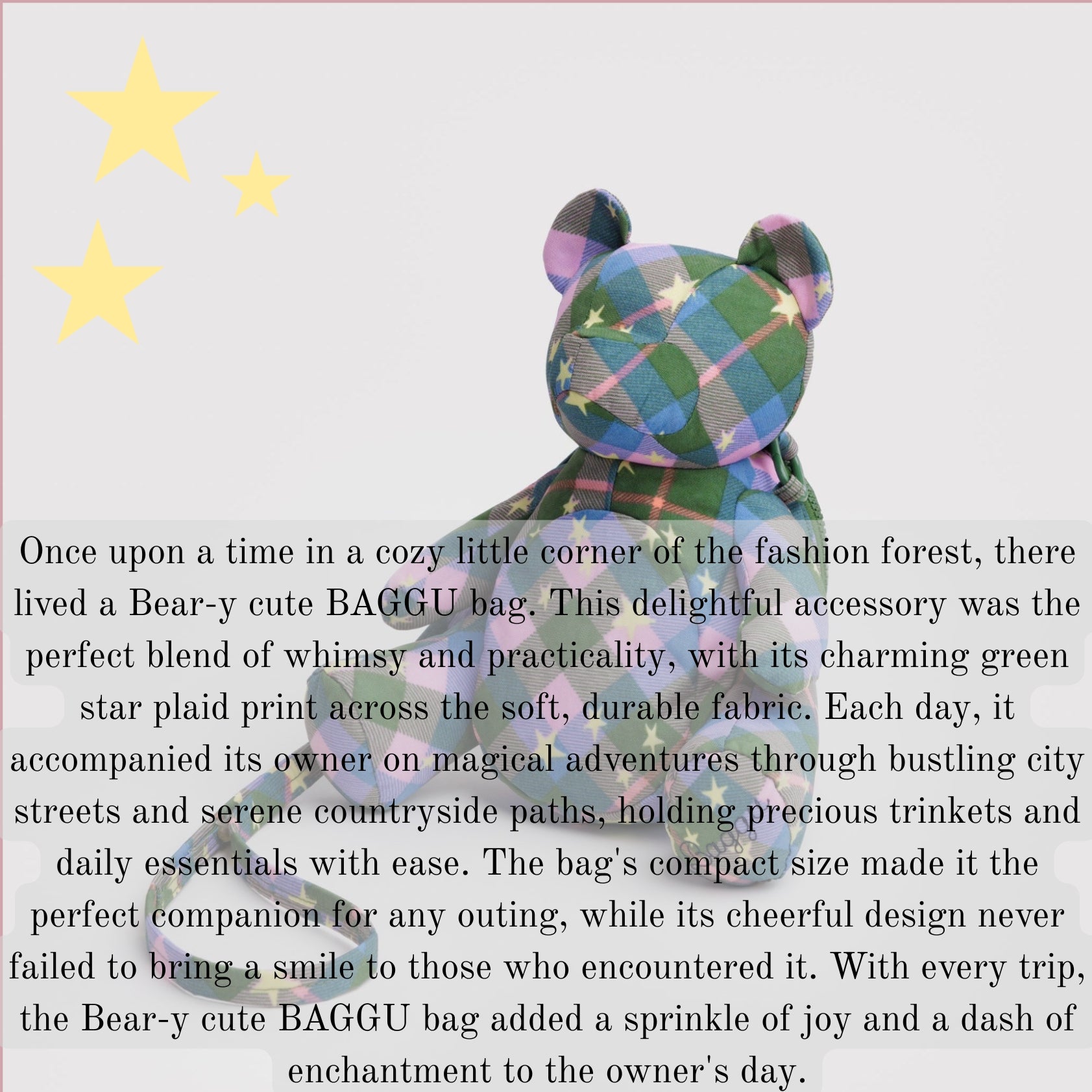 Green star plaid with yellow stars patterned teddy bear bag with story overlay