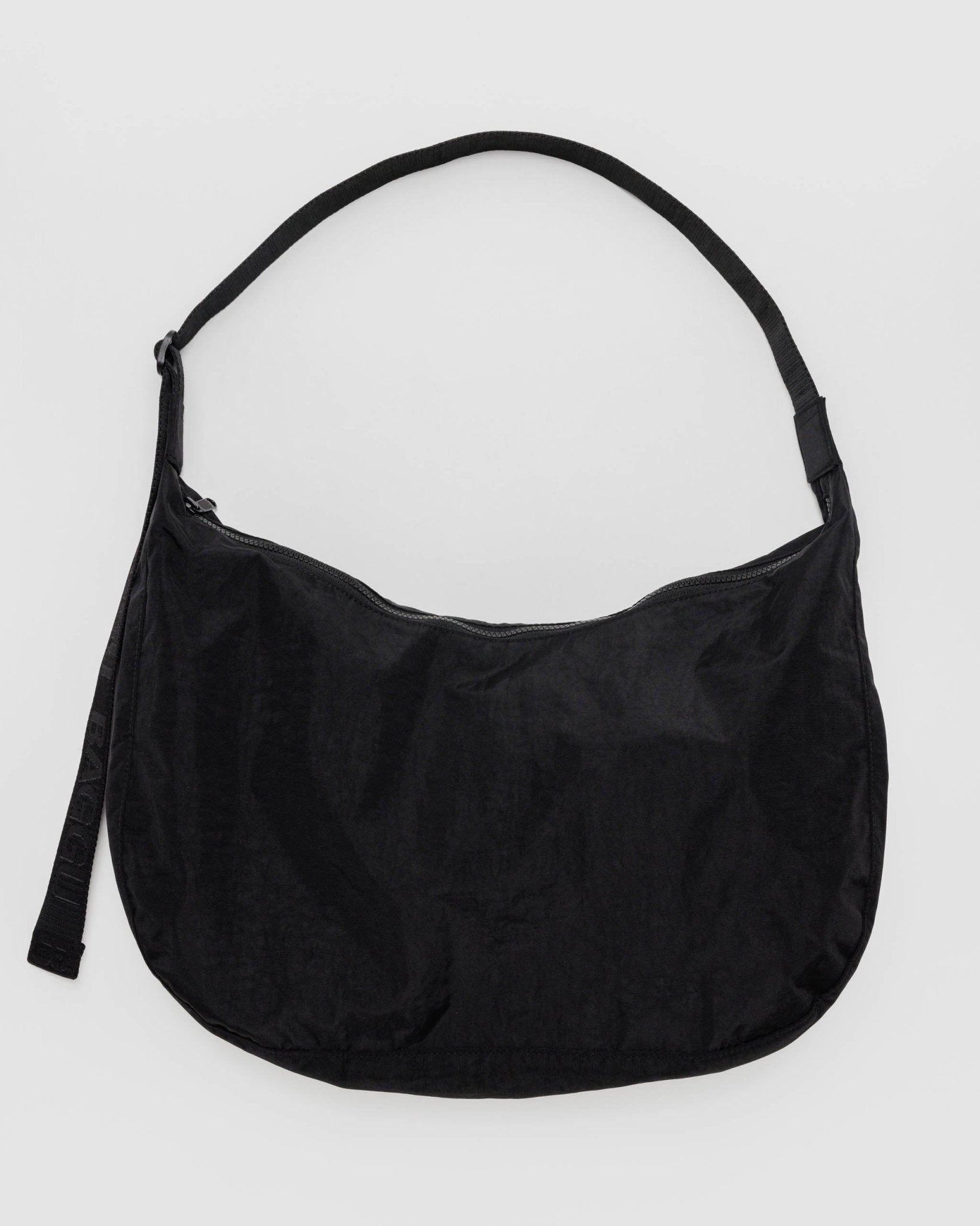 Baggu black large Nylon Crescent Bag with tonal top zip and adjustable shoulder strap - ANNIE.G