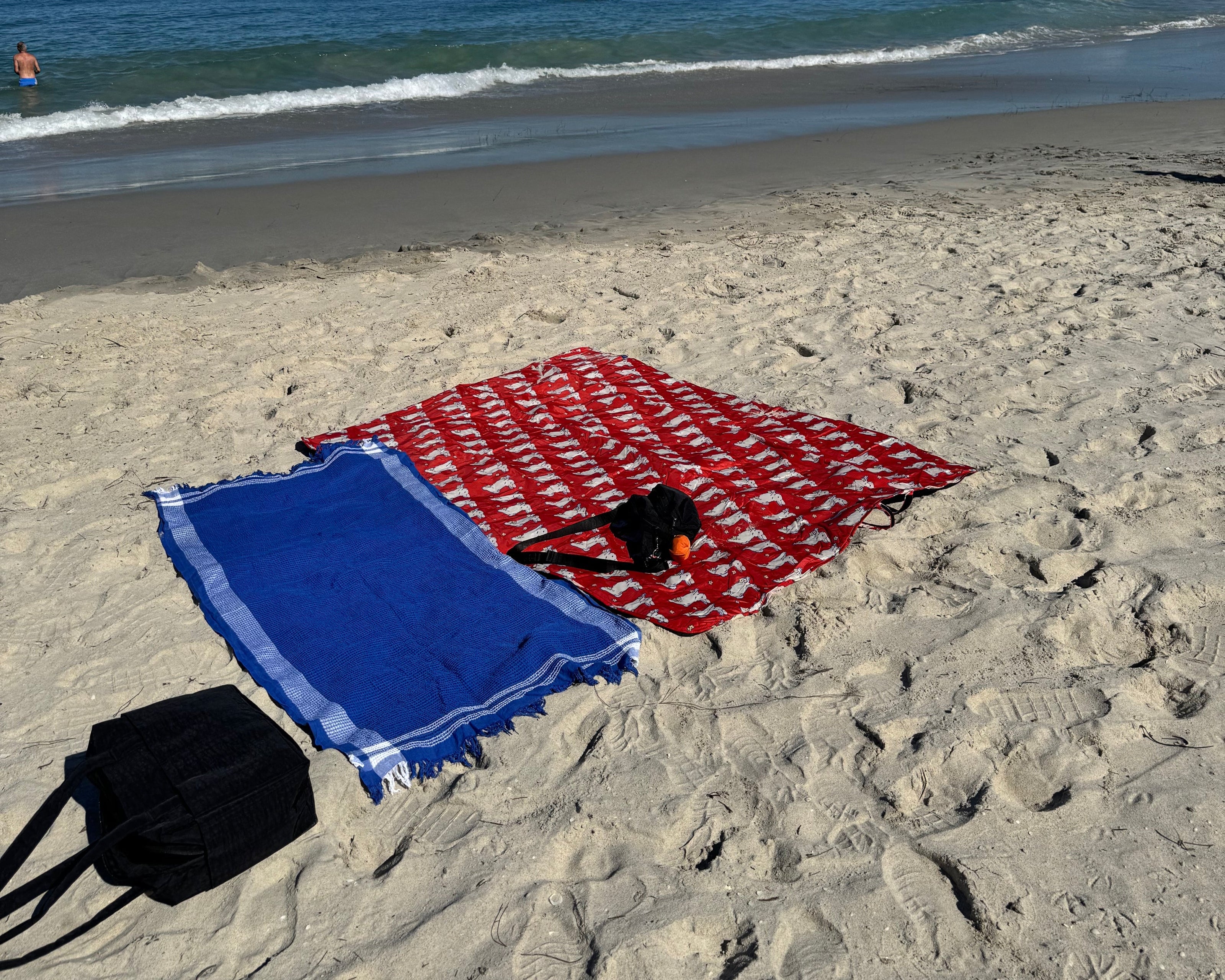 Baggu Puffy Picnic Blanket in Bunnies, a navy waffle beach towel, black fanny pack and black everyday cloud bag on a sandy beach with ocean waves.