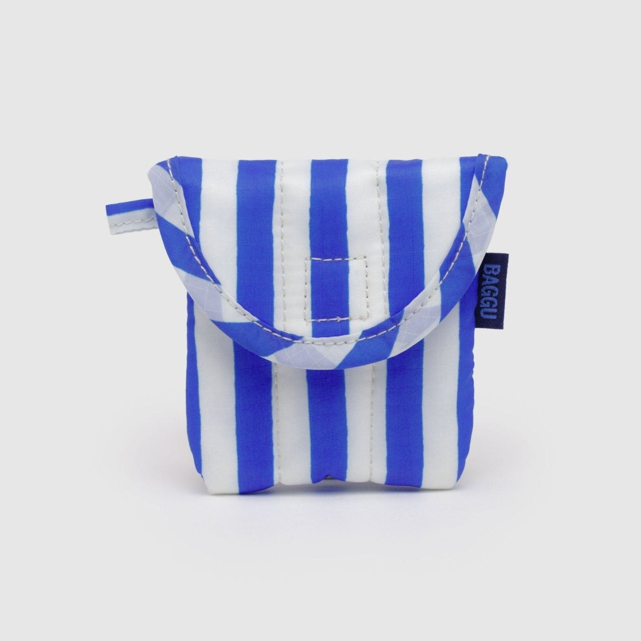 Blue stripe quilted earbuds case with baggu brand tag and hanging loop at side.