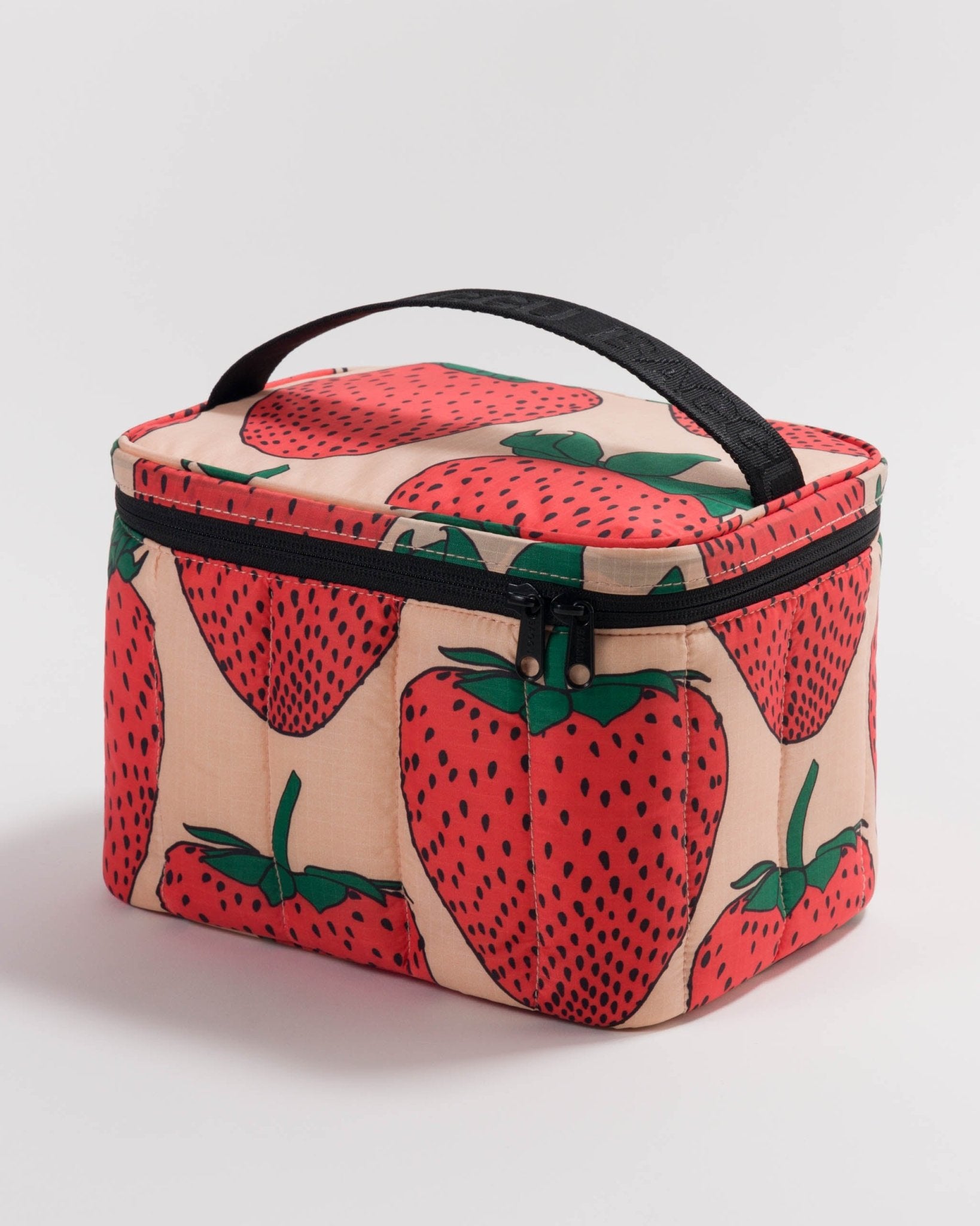 Strawberry print Puffy Lunch Bag with a black zip and webbed top handle - ANNIE.G