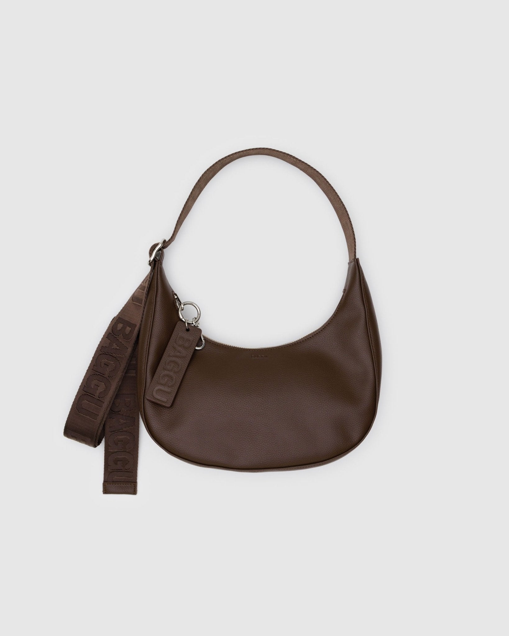 Brown Small Recycled Leather Crescent Bag with adjustable strap, keychain and top zip - ANNIE.G