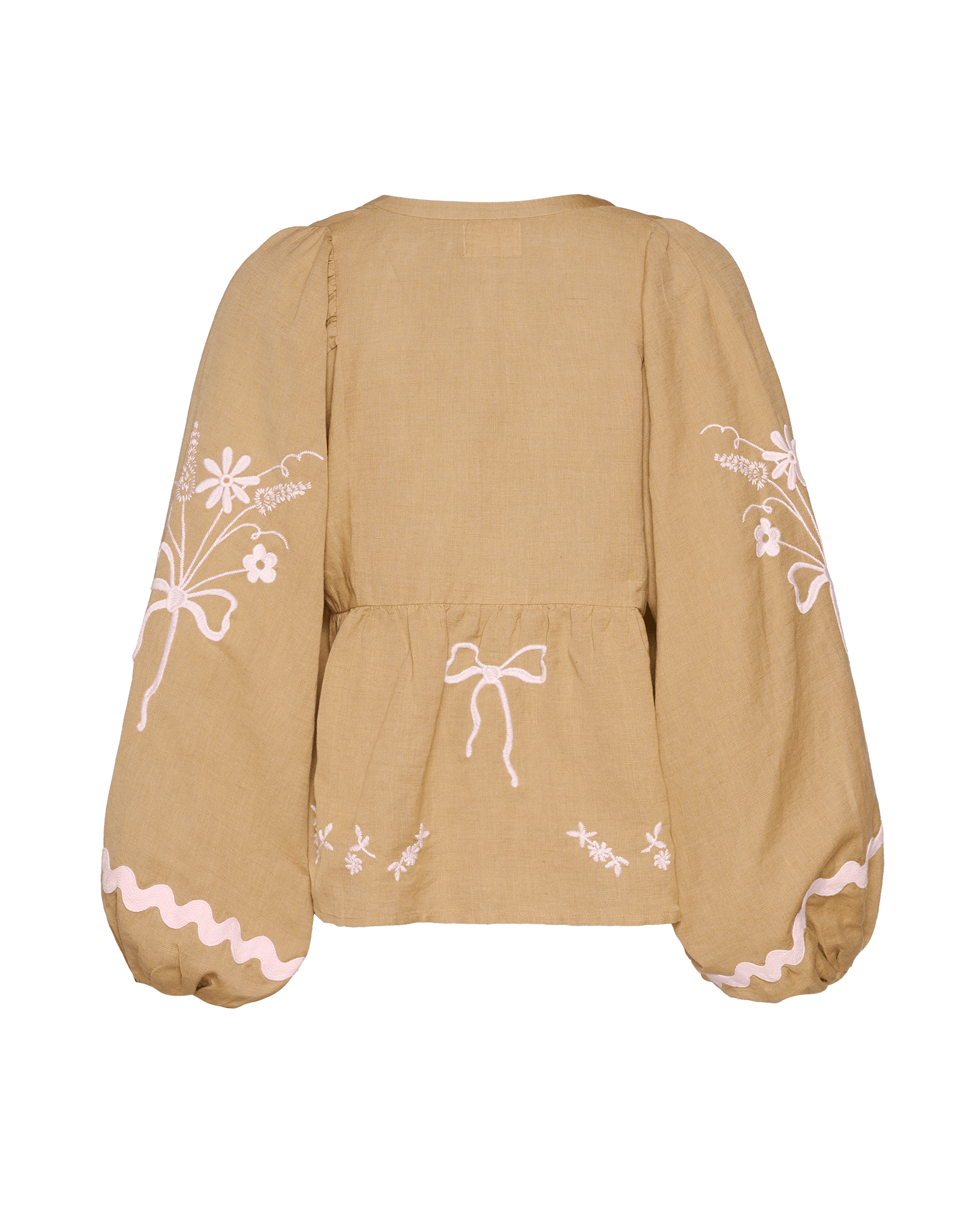 Back of a light brown long sleeve blouse with pink embroidery.